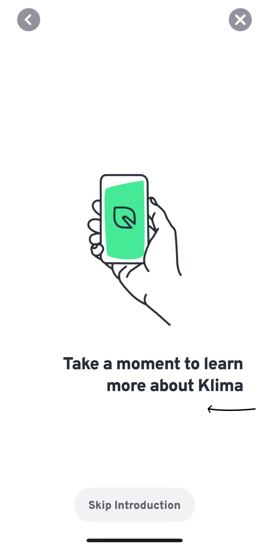 Klima Screen screen in the App introduction flow
