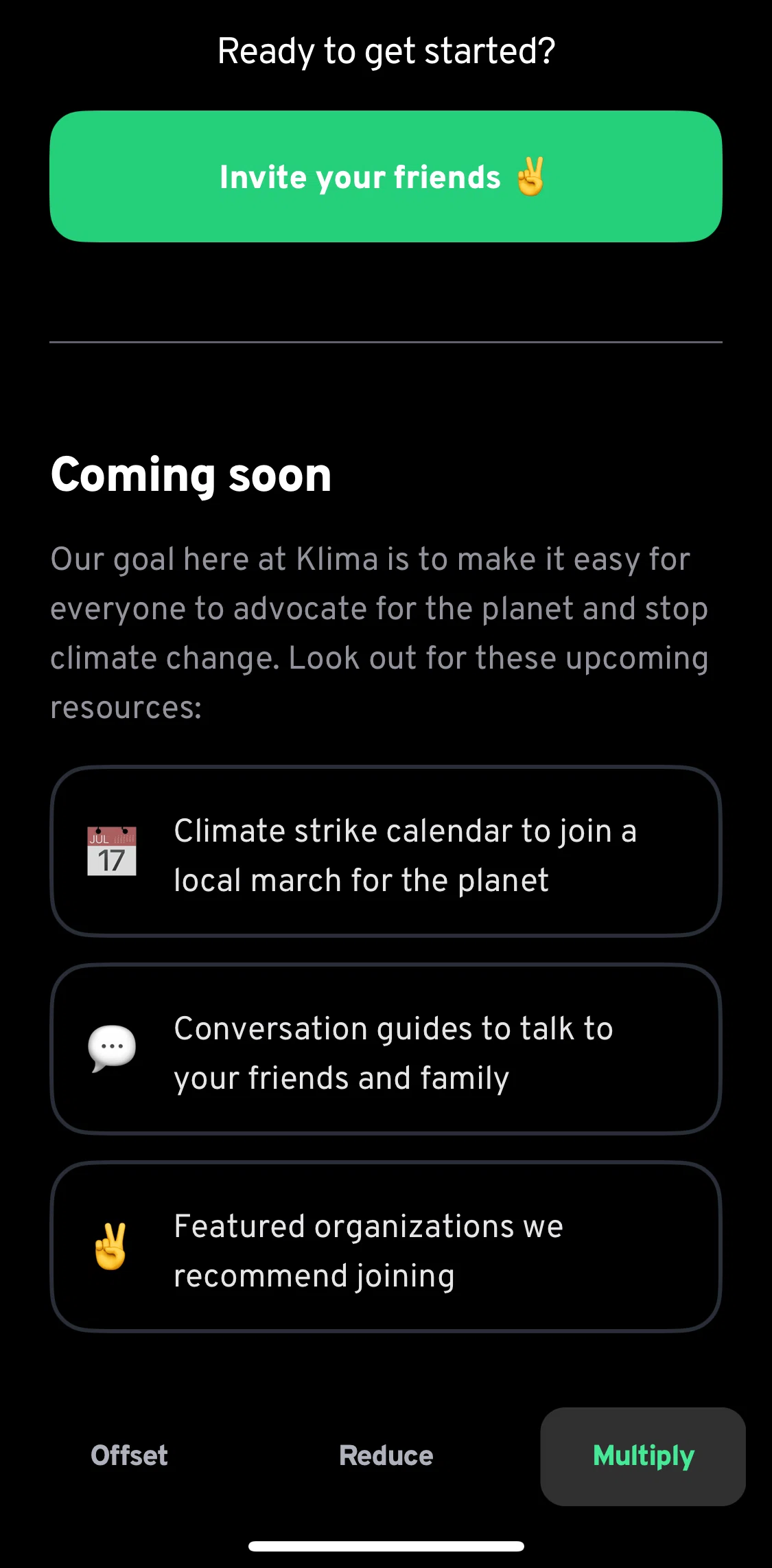 Klima Screen screen in the Inviting friends flow