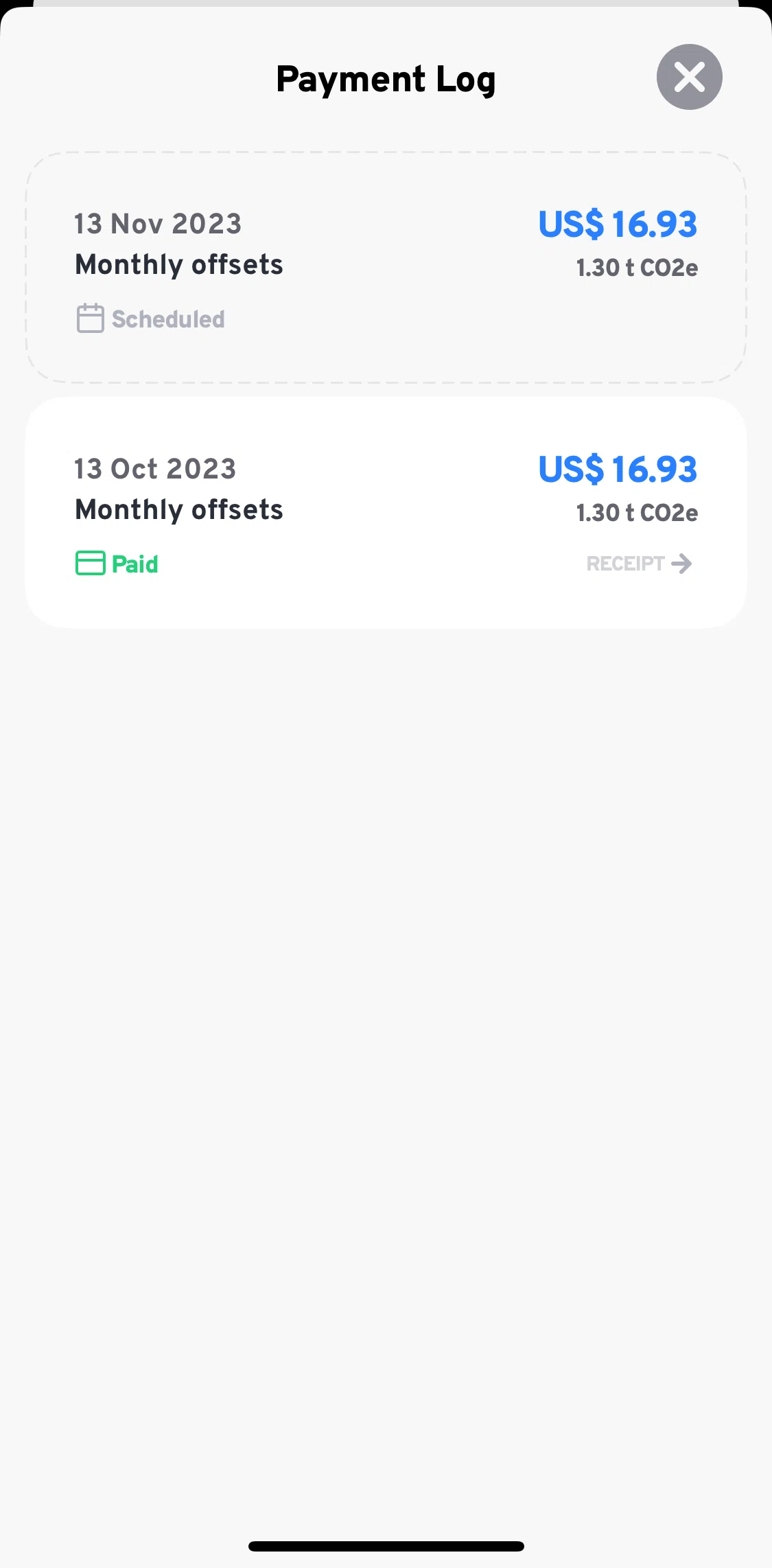 Klima Screen screen in the Payment log flow