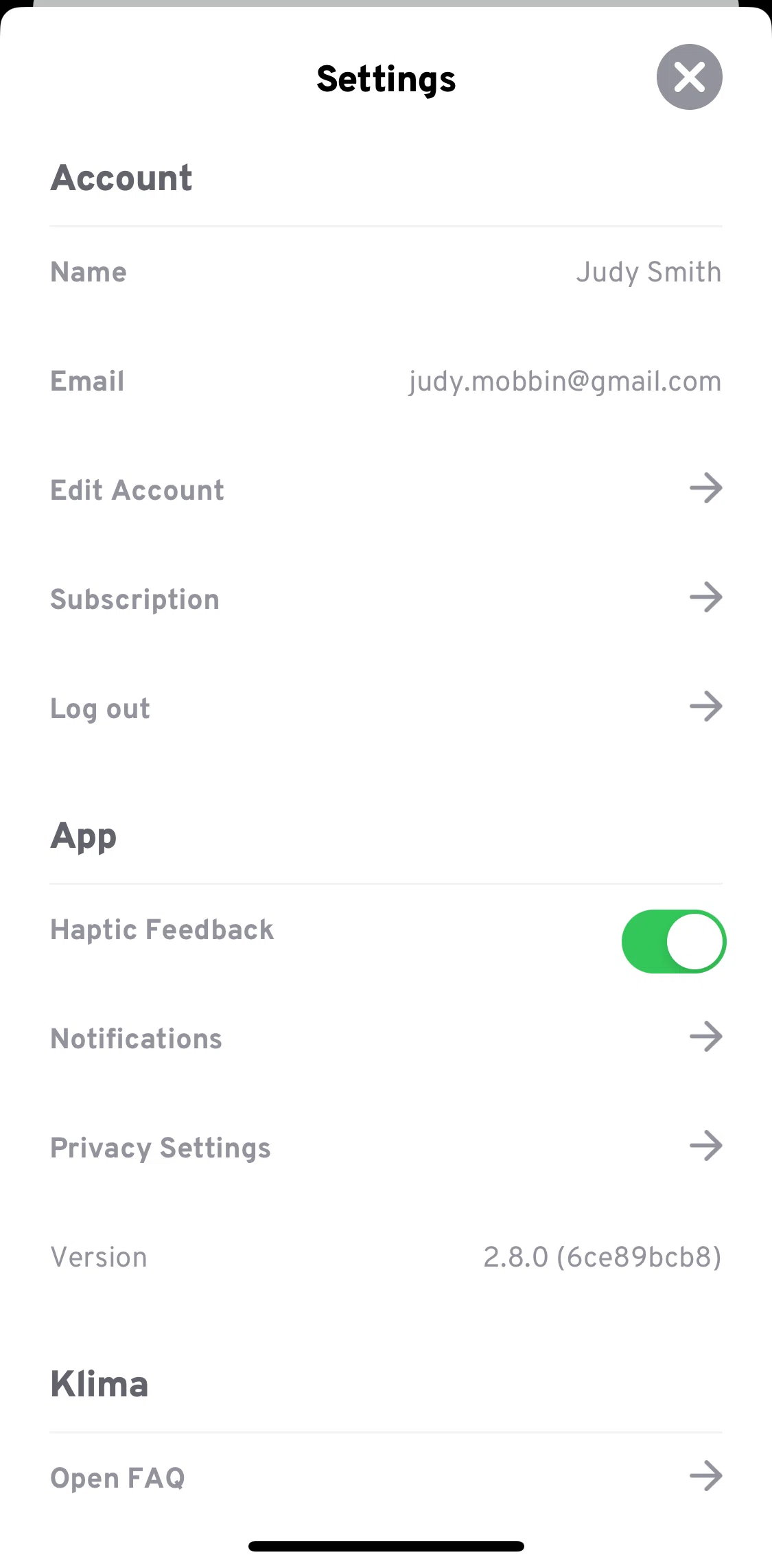 Klima Screen screen in the Privacy settings flow
