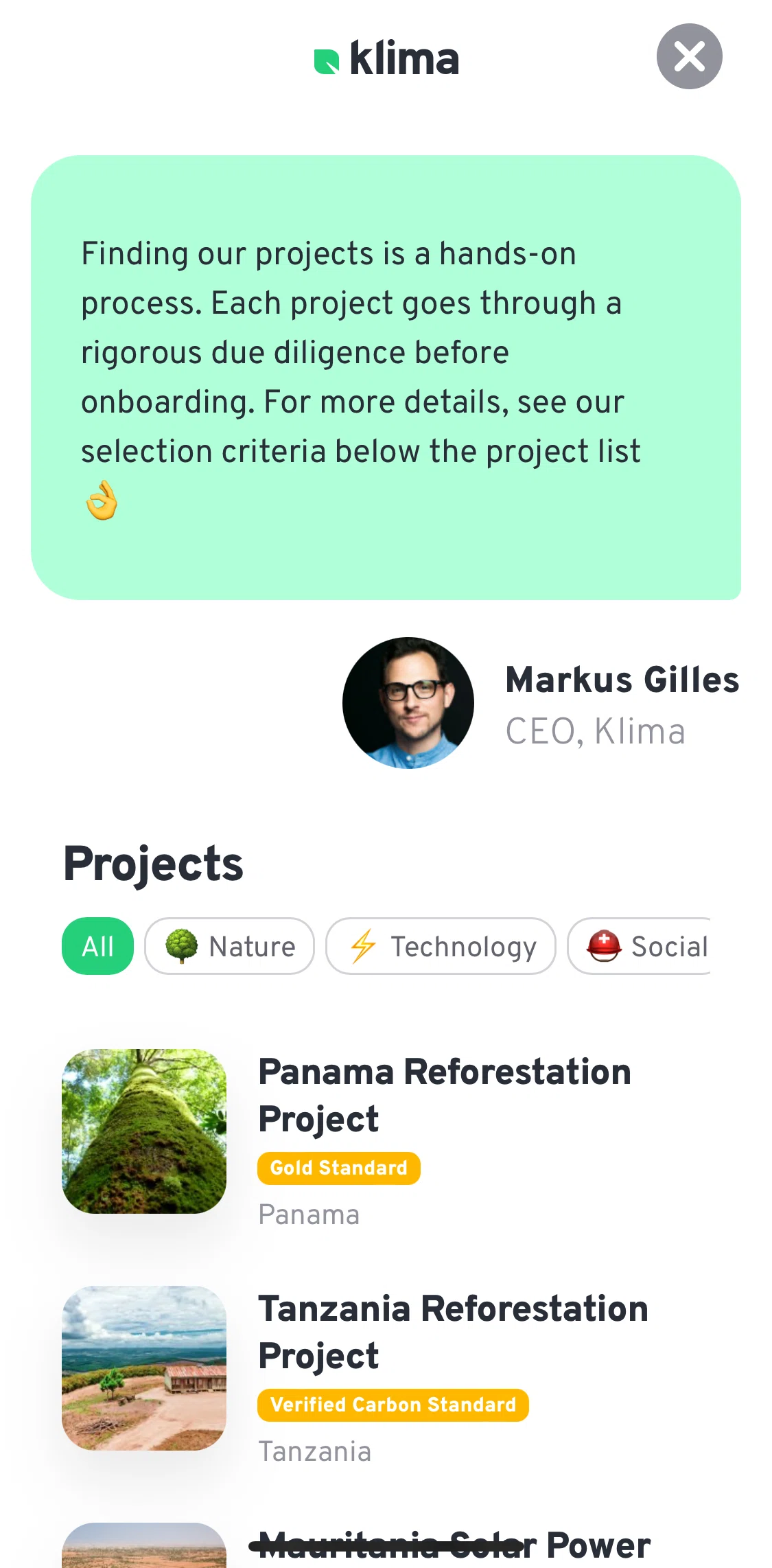 Klima Screen screen in the Project detail flow