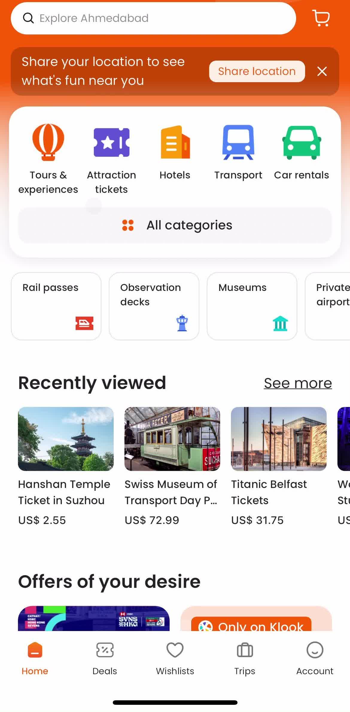 Klook Home screen in the Adding To Cart flow