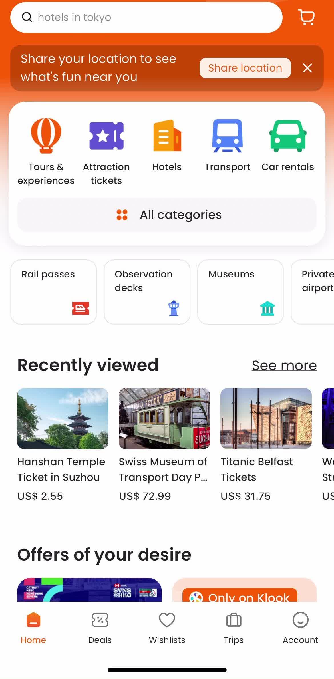 Klook Home screen in the Canceling A Booking flow