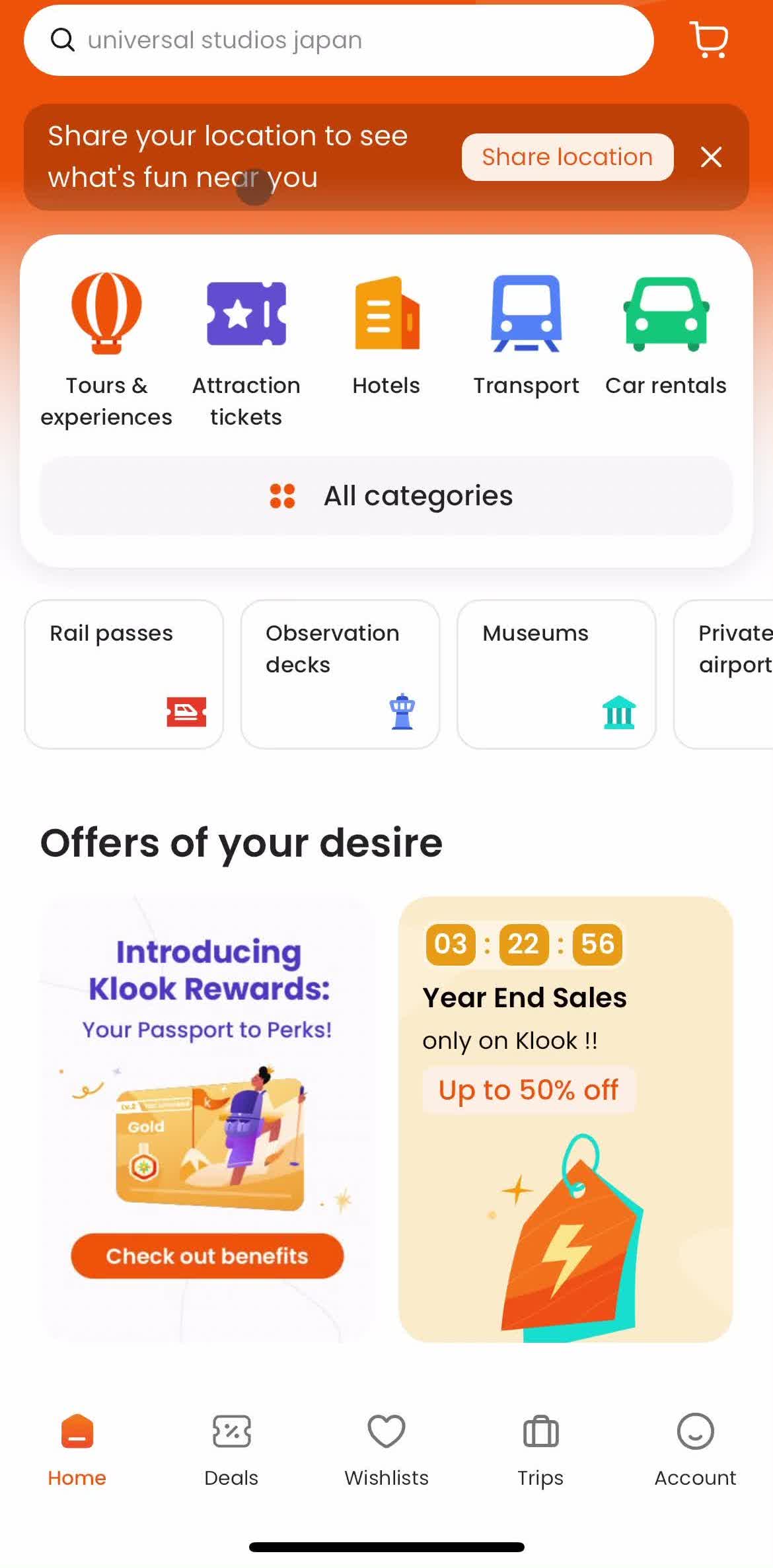 Klook Home screen in the Deleting Your Account flow