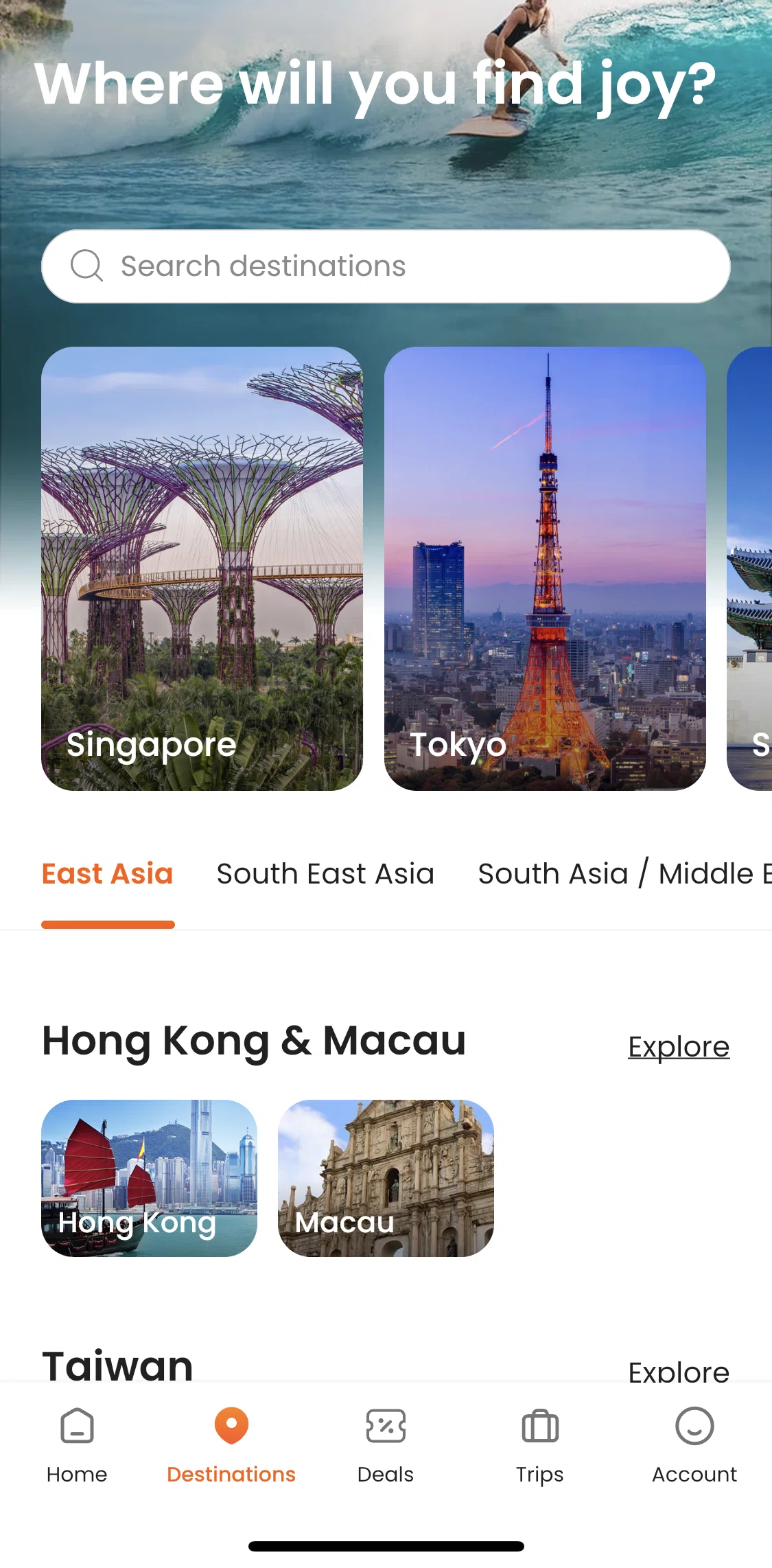 Klook Screen screen in the Destinations flow