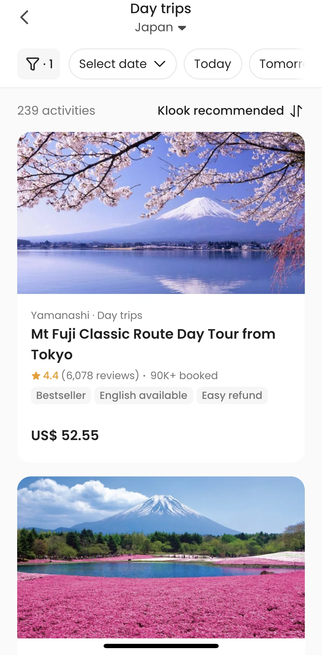 Klook Screen screen in the Filtering items flow