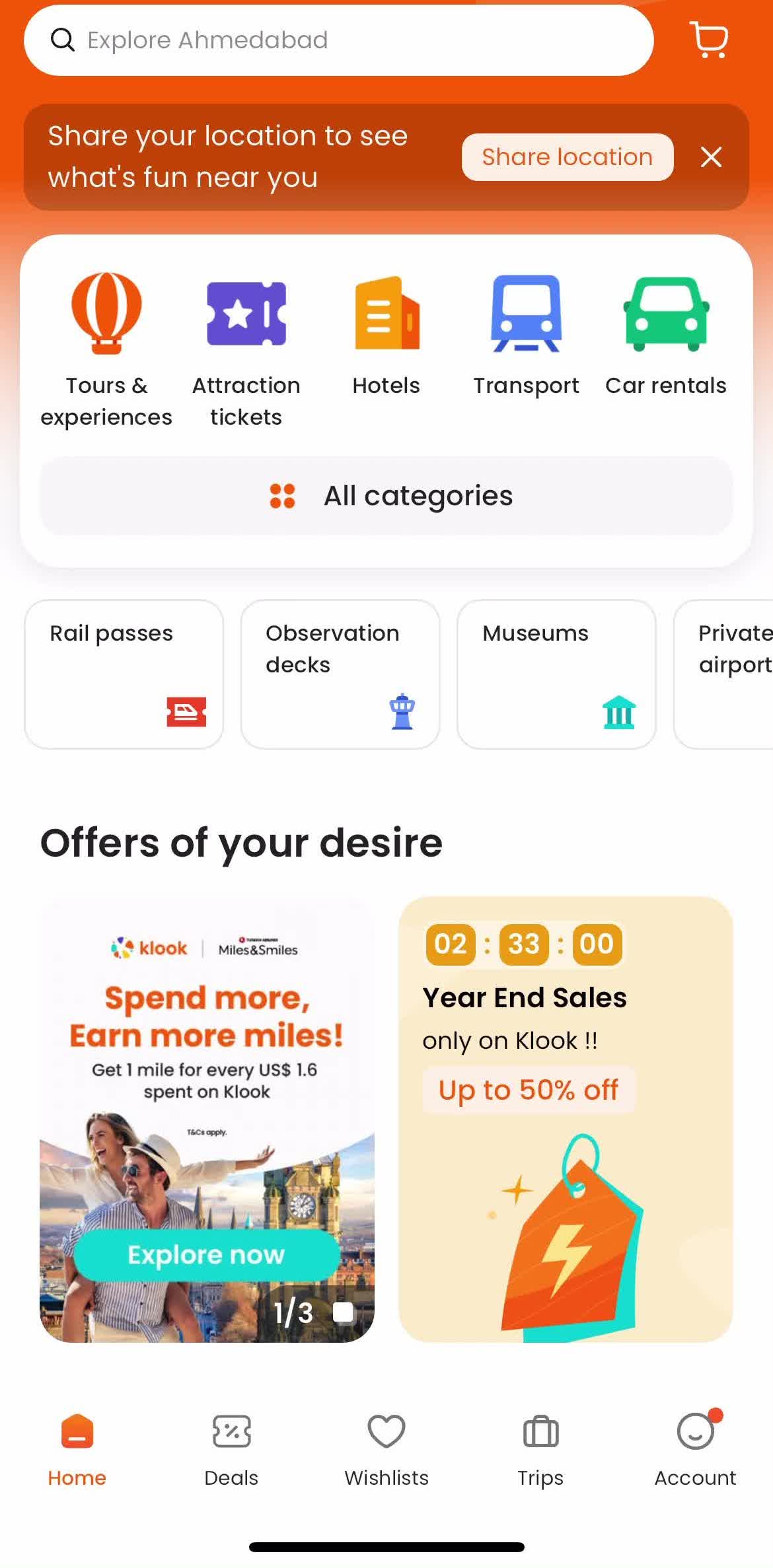 Klook Home screen in the Filtering flow
