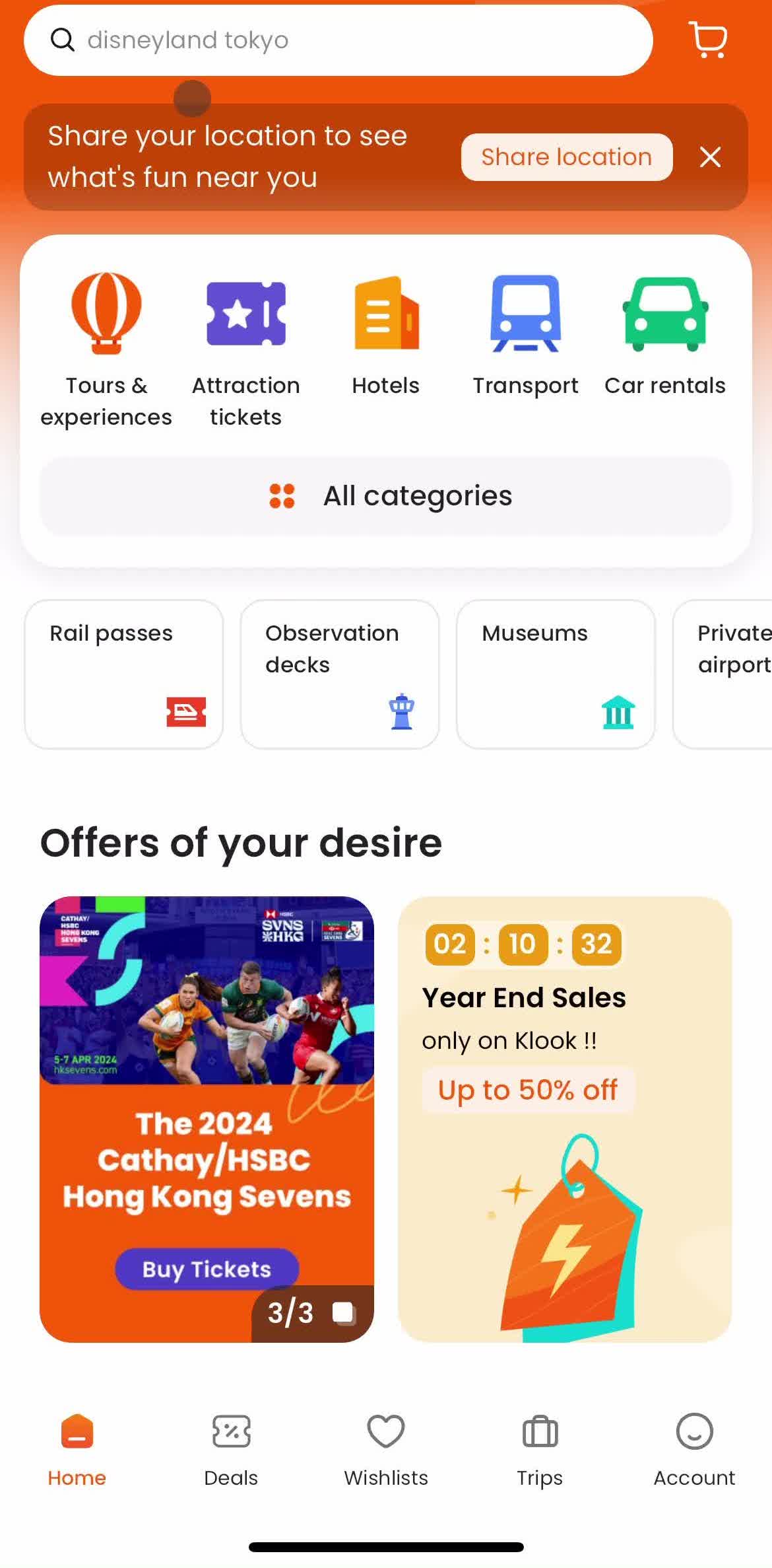 Klook Home screen in the Finding Flights flow