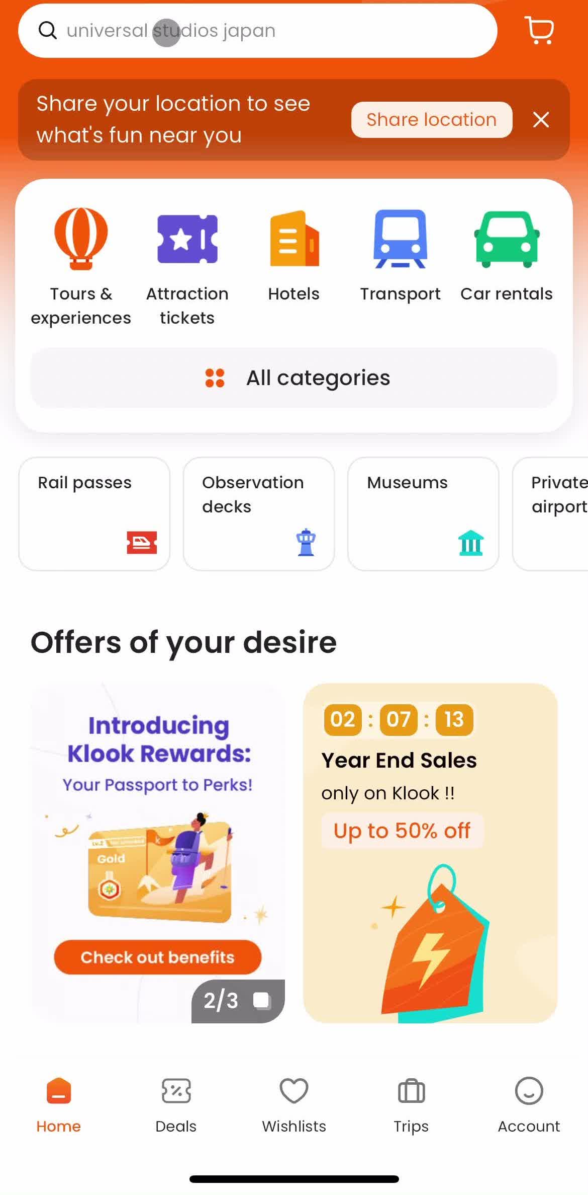Klook Home screen in the Finding Hotels flow
