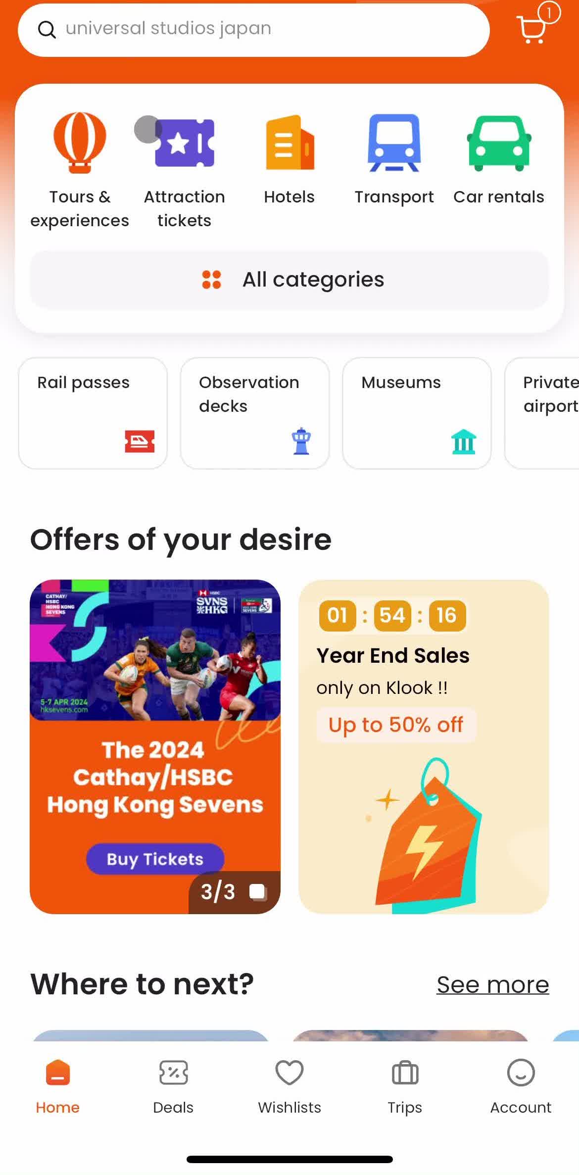 Klook Home screen in the General Browsing flow
