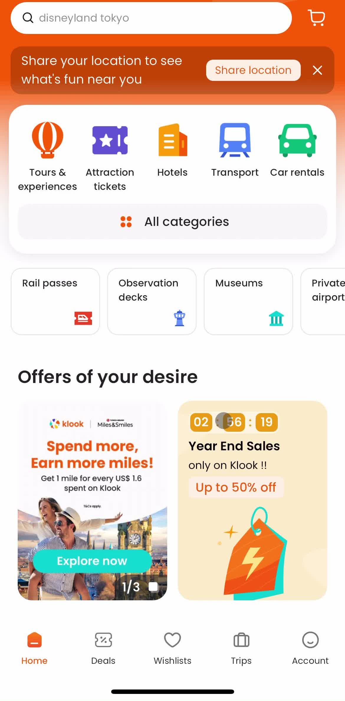 Klook Home screen in the Giving Feedback flow
