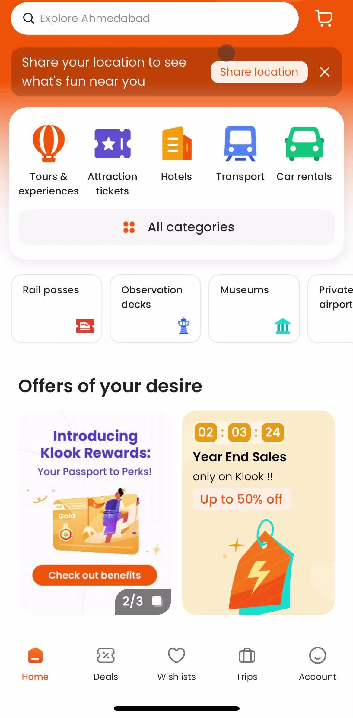 Klook Home screen in the Searching Car Rentals flow