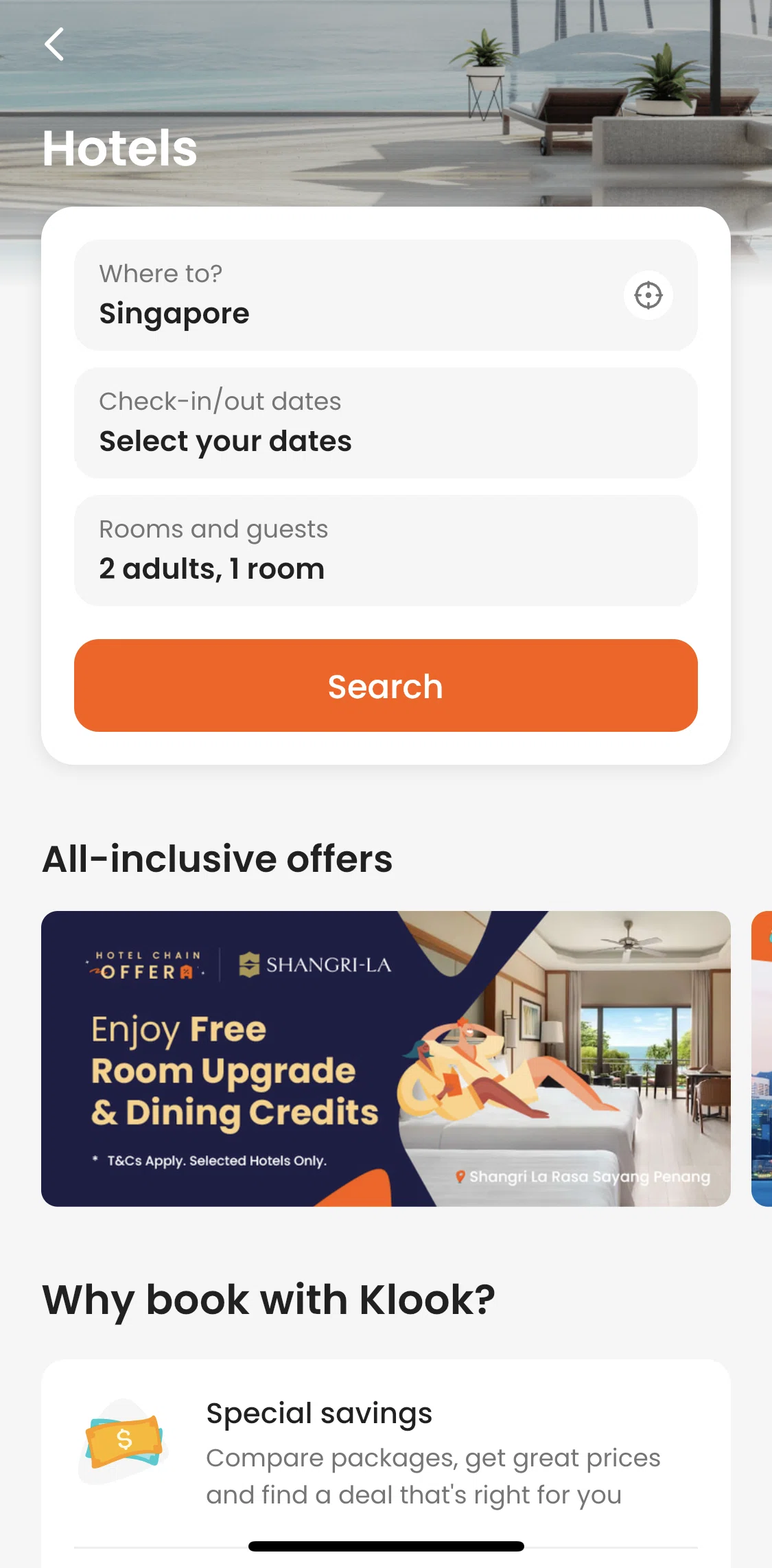 Klook Screen screen in the Searching for hotels flow