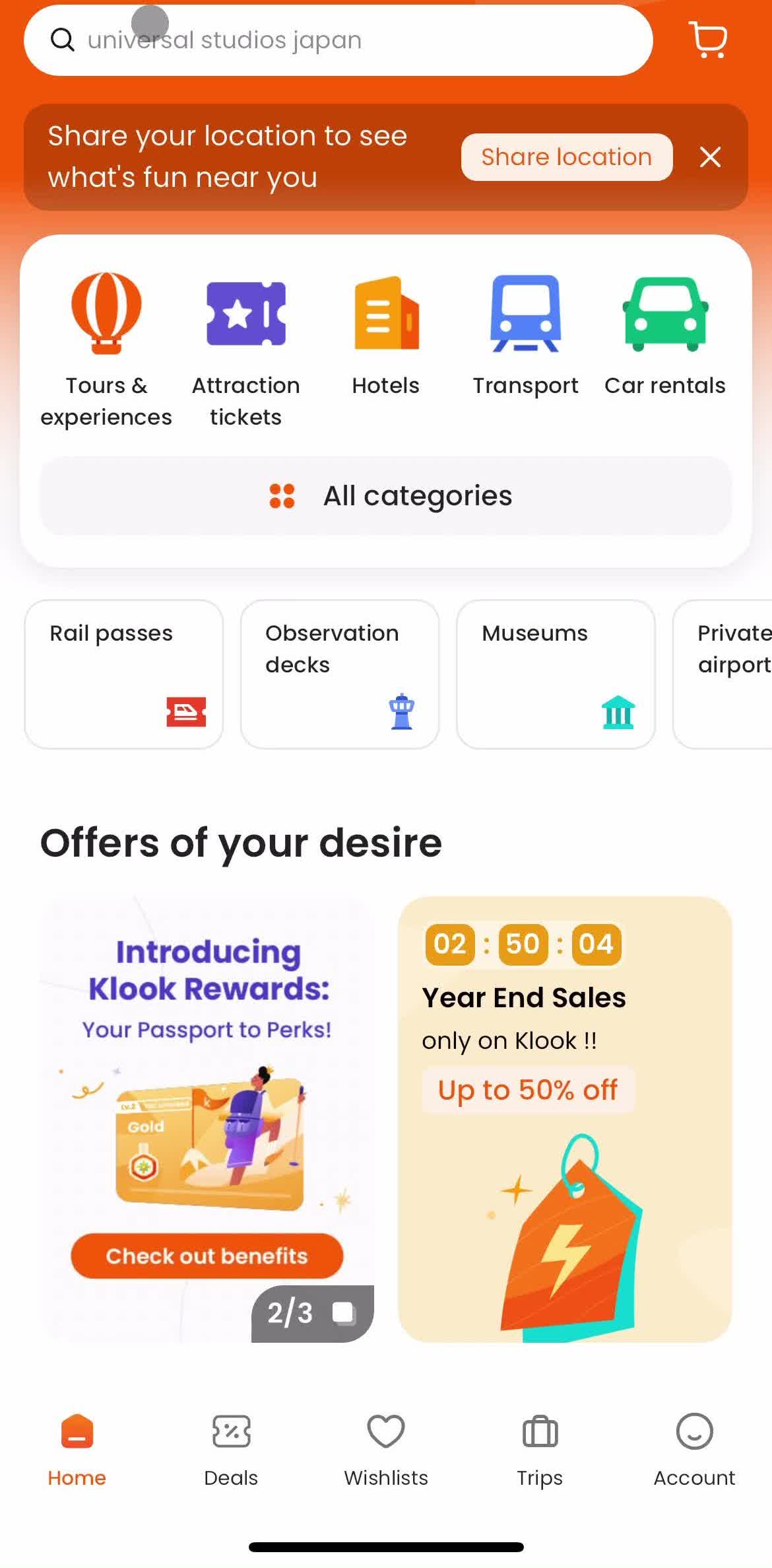 Klook Home screen in the Searching flow