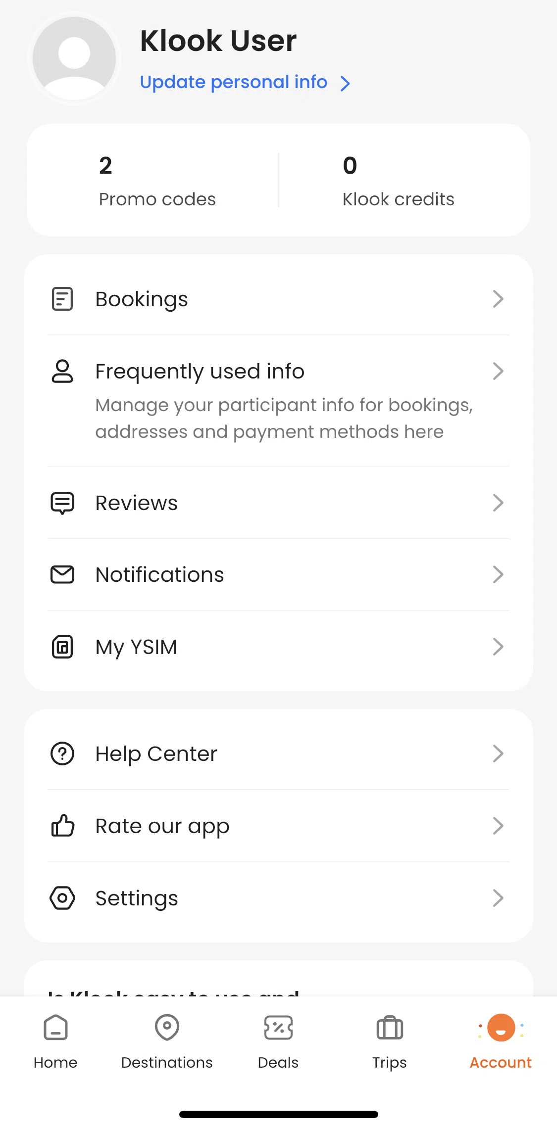 Klook Screen screen in the Updating account flow