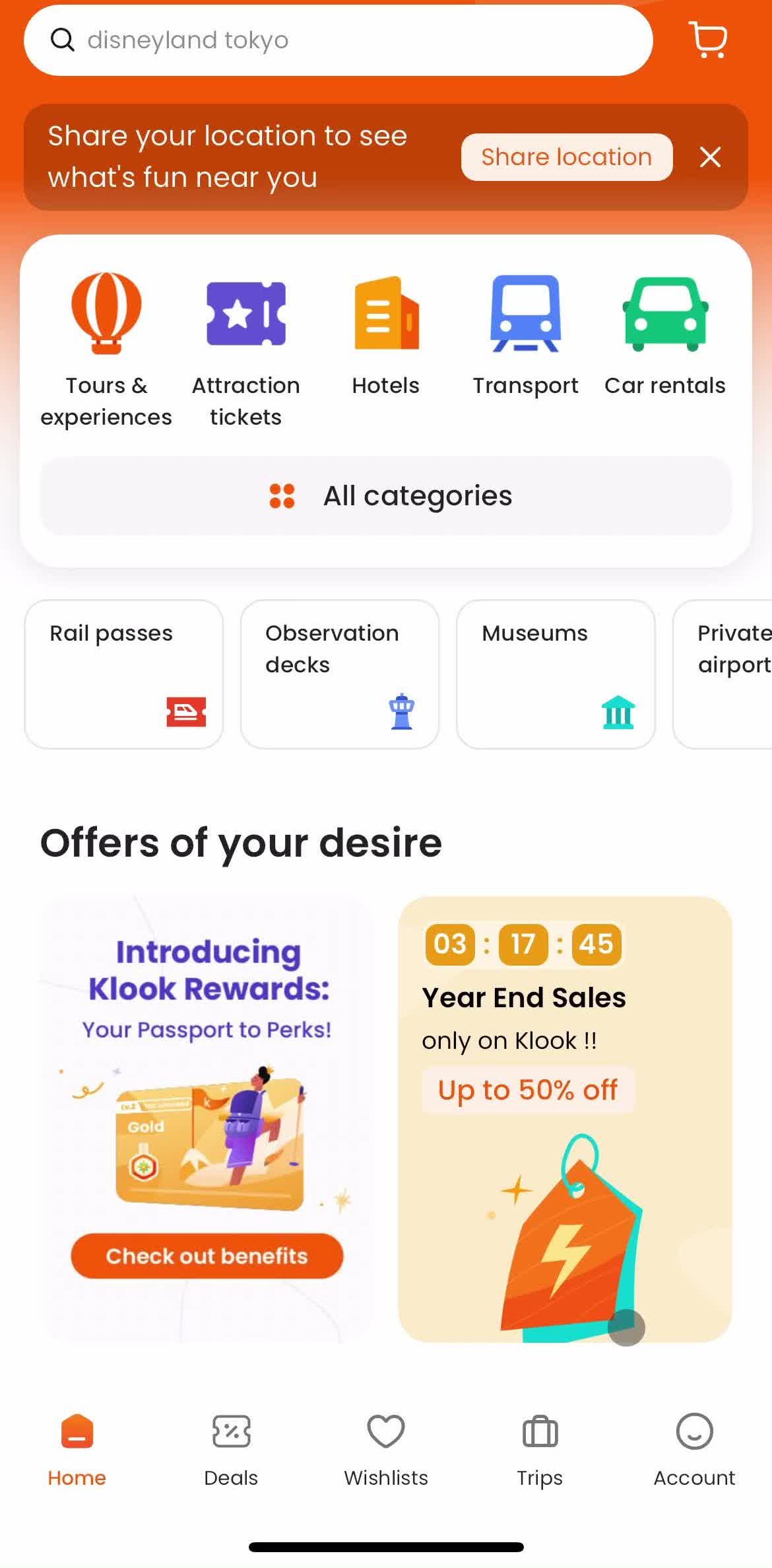 Klook Home screen in the Updating Your Profile flow