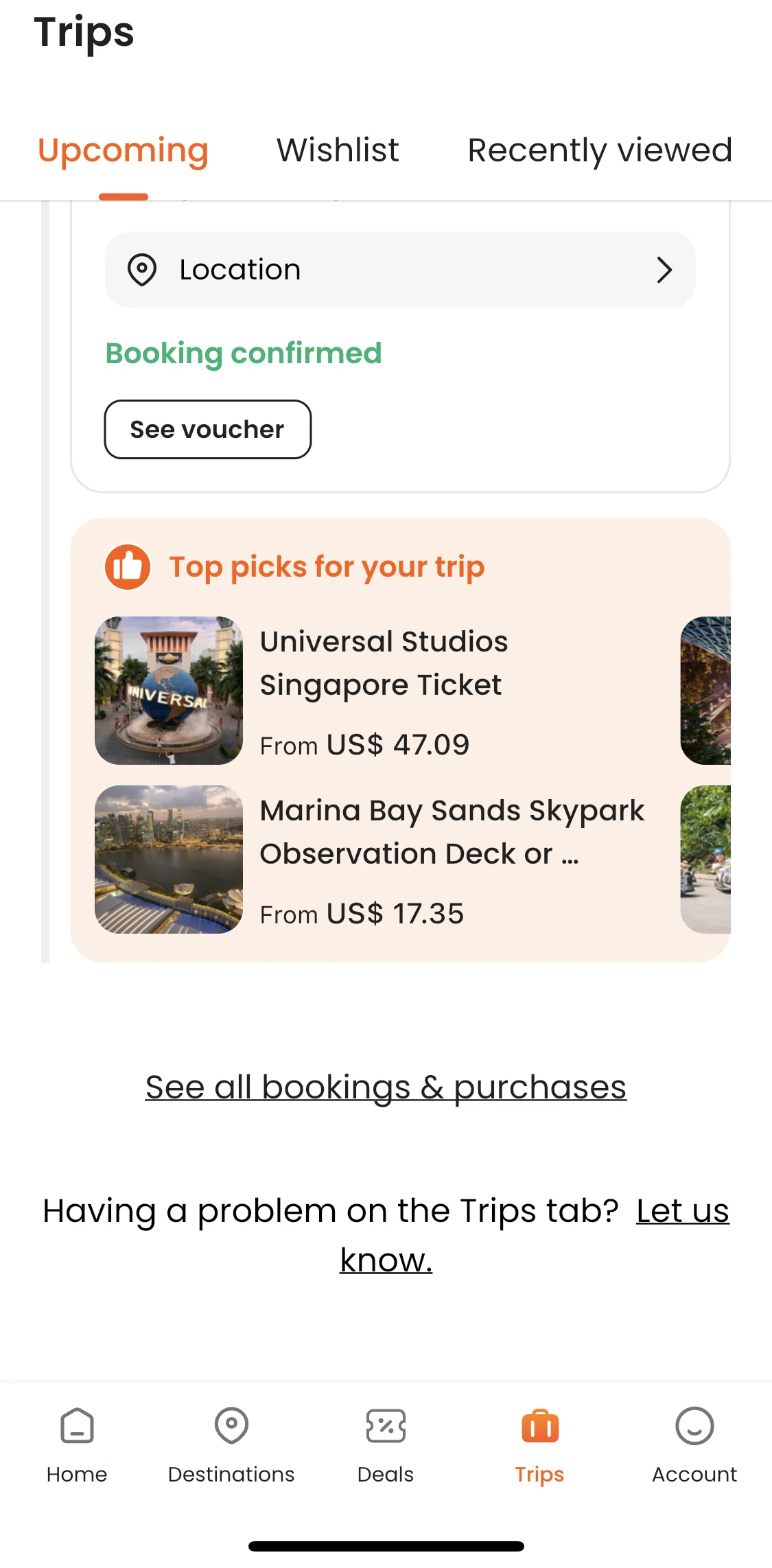 Klook Screen screen in the View all bookings flow