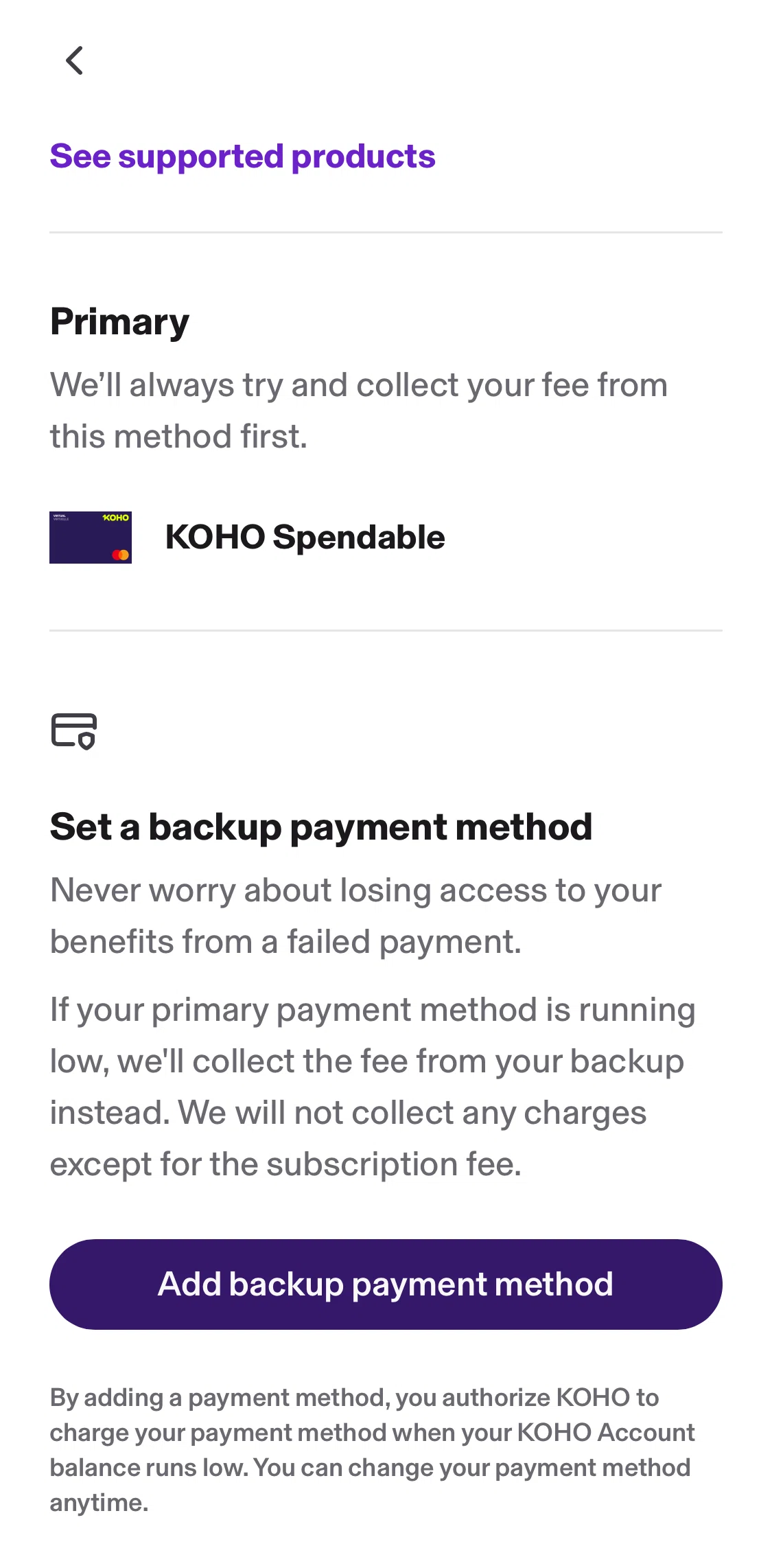 KOHO Screen screen in the Add a backup payment method flow