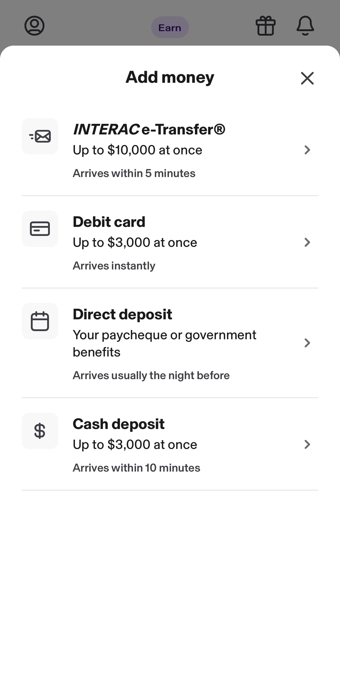 KOHO Screen screen in the Add money (cash deposit) flow