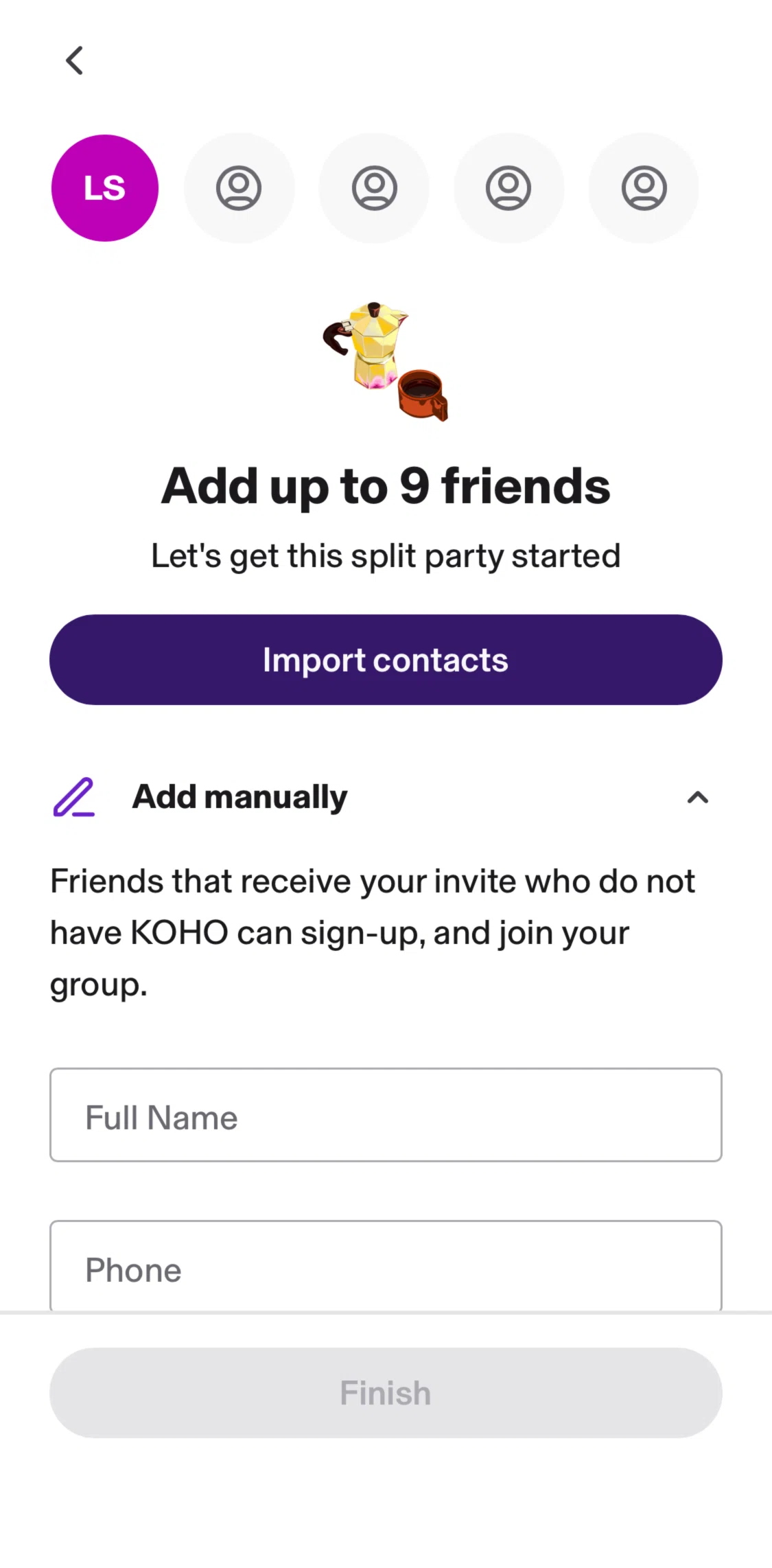 KOHO Screen screen in the Adding a friend flow