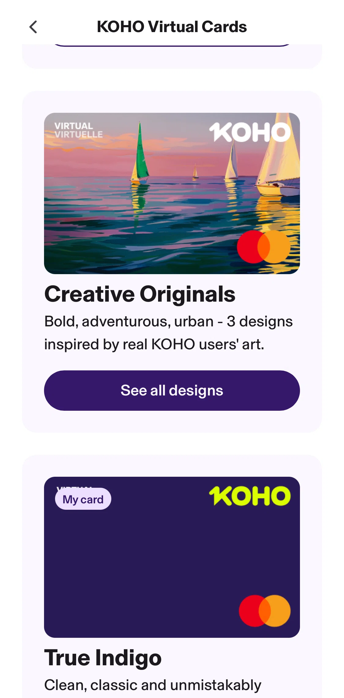 KOHO Screen screen in the All card designs flow