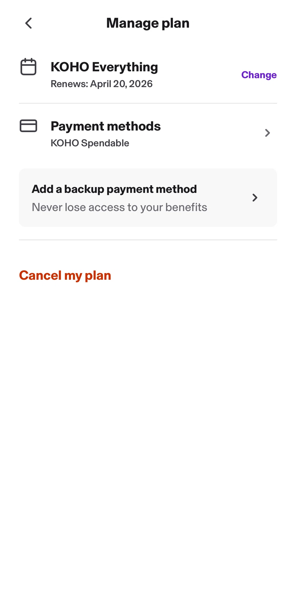 KOHO Screen screen in the Cancel a plan flow