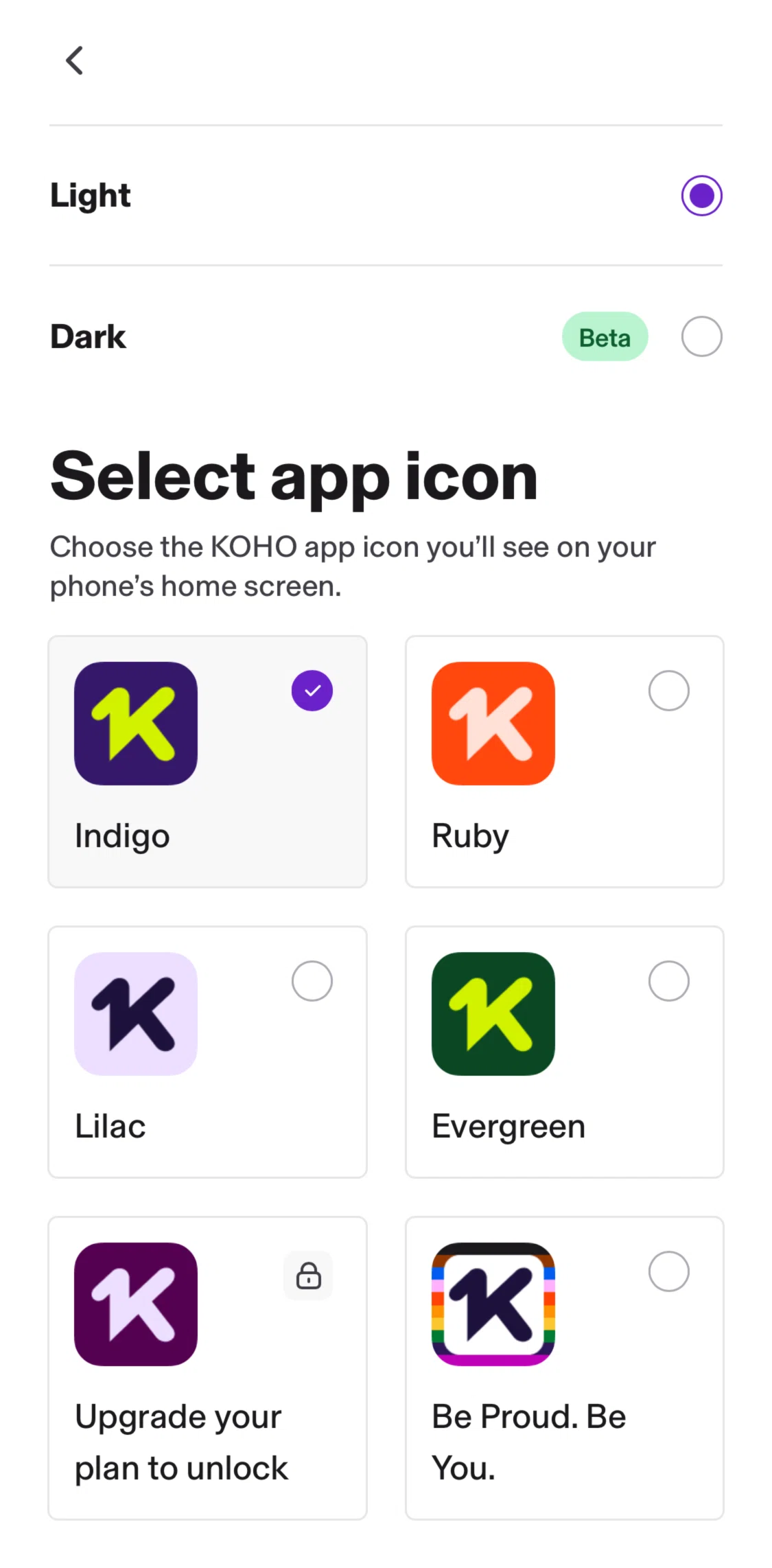 KOHO Screen screen in the Changing an app icon flow