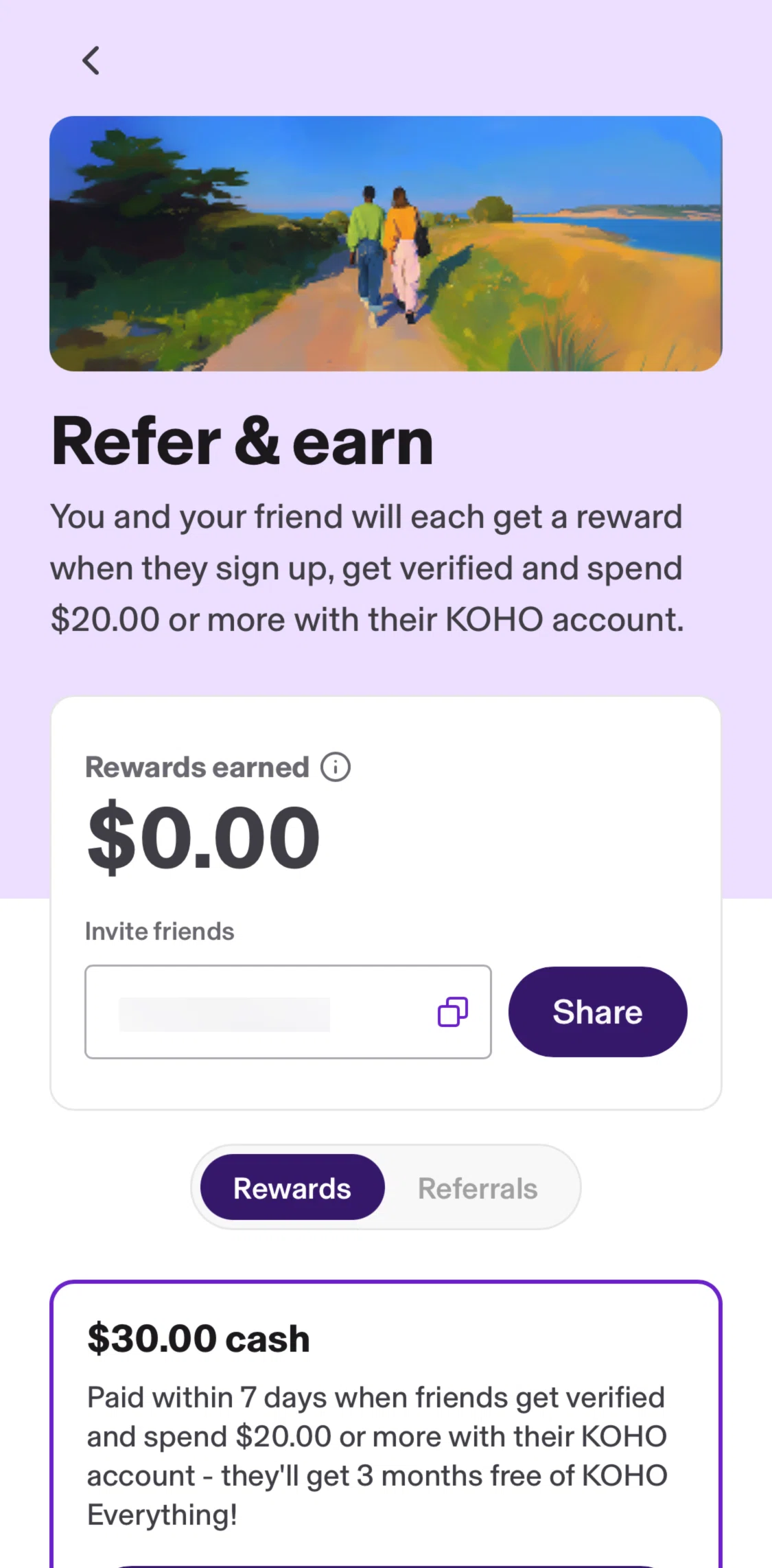 KOHO Screen screen in the Copying a referral code flow