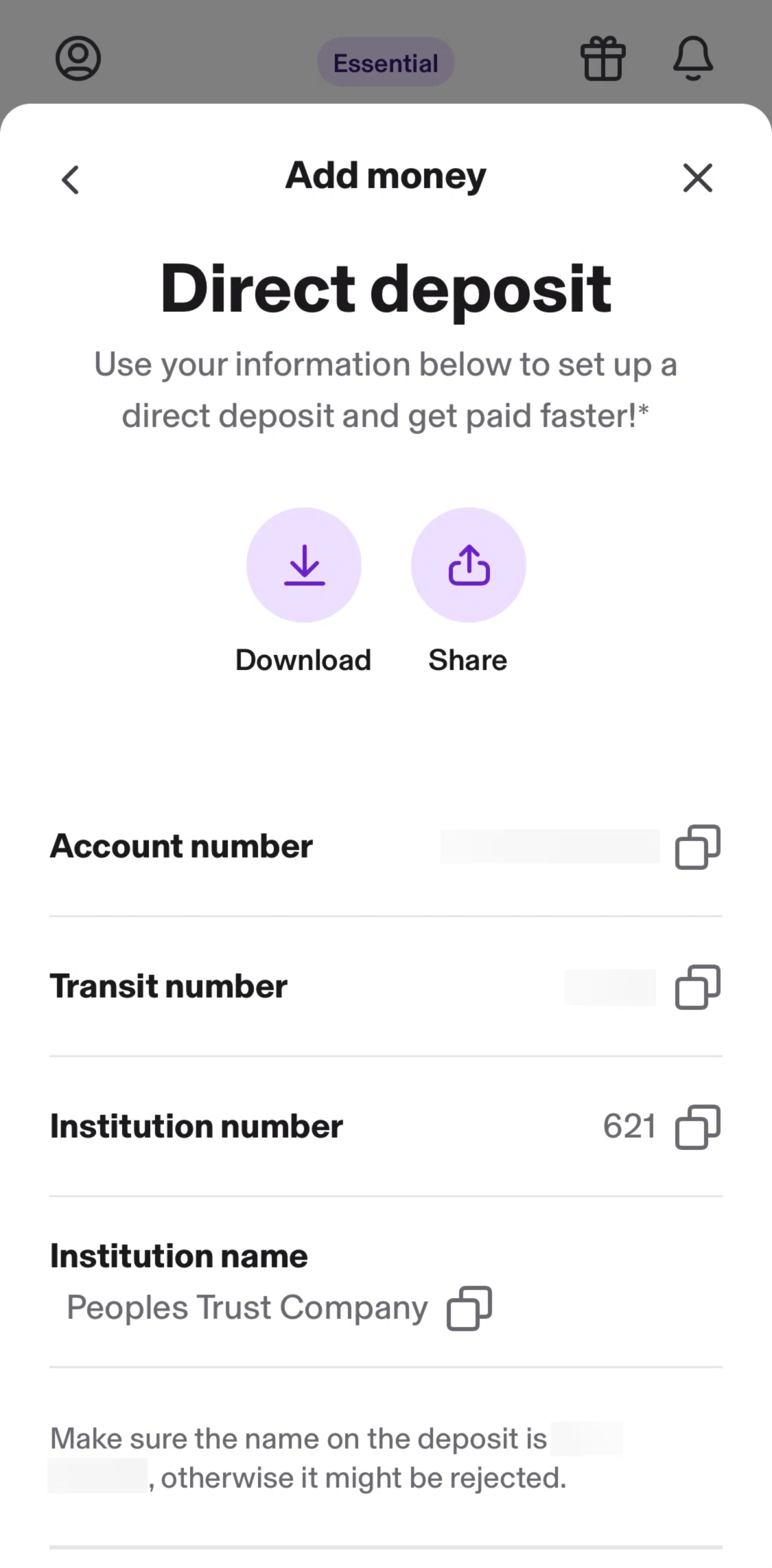 KOHO Screen screen in the Copying an account number flow