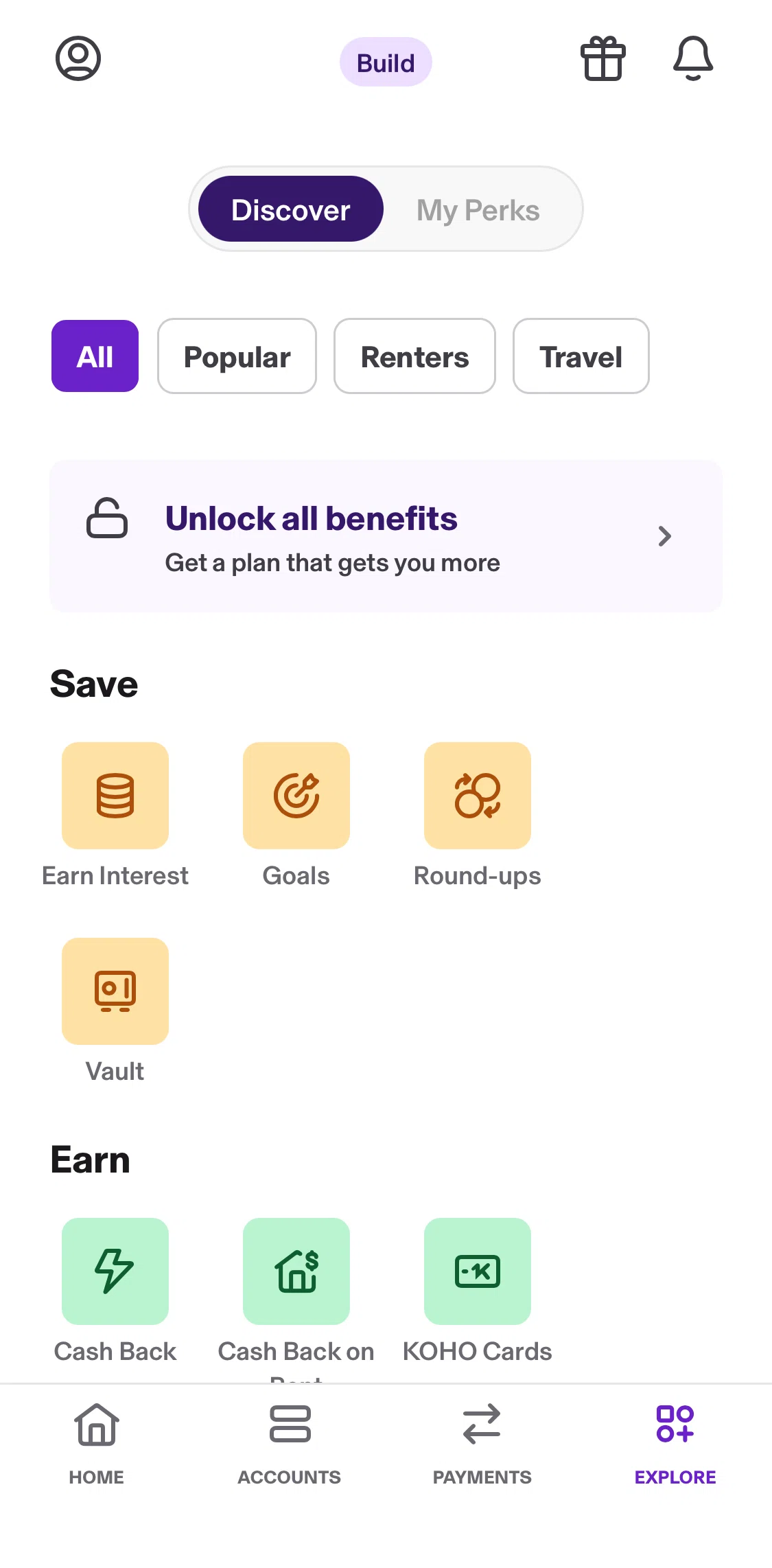 KOHO Screen screen in the Discover flow