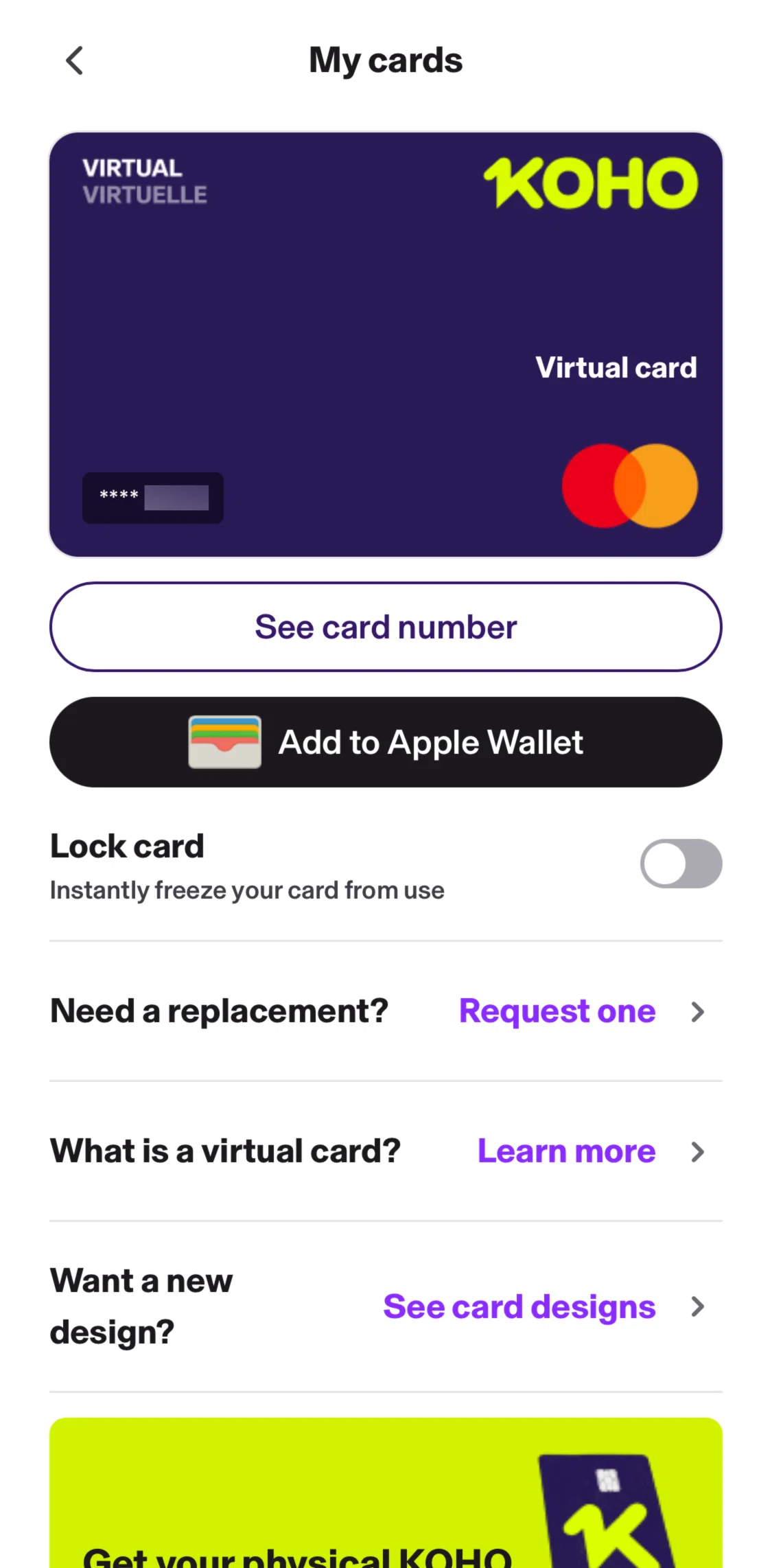 KOHO Screen screen in the Locking a card flow