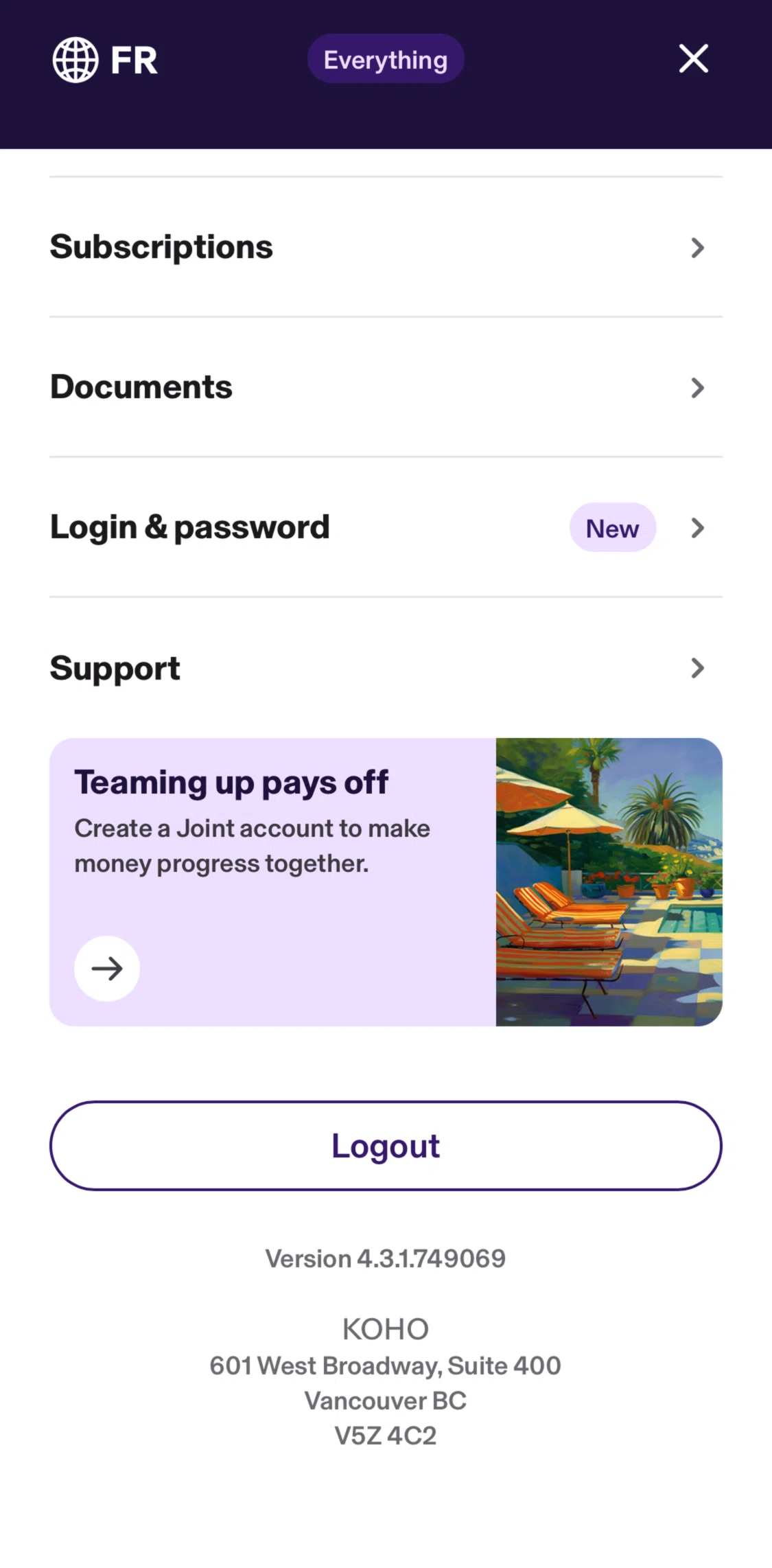 KOHO Screen screen in the Logging out flow