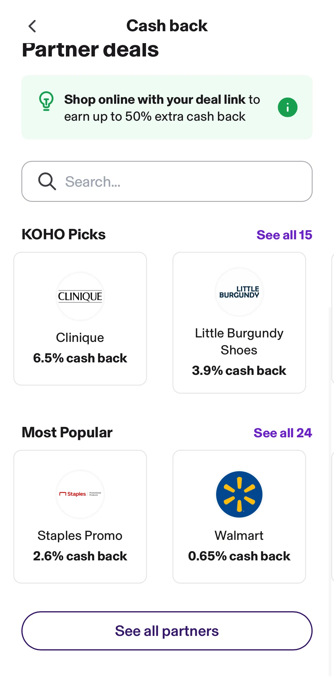 KOHO Screen screen in the Partners flow