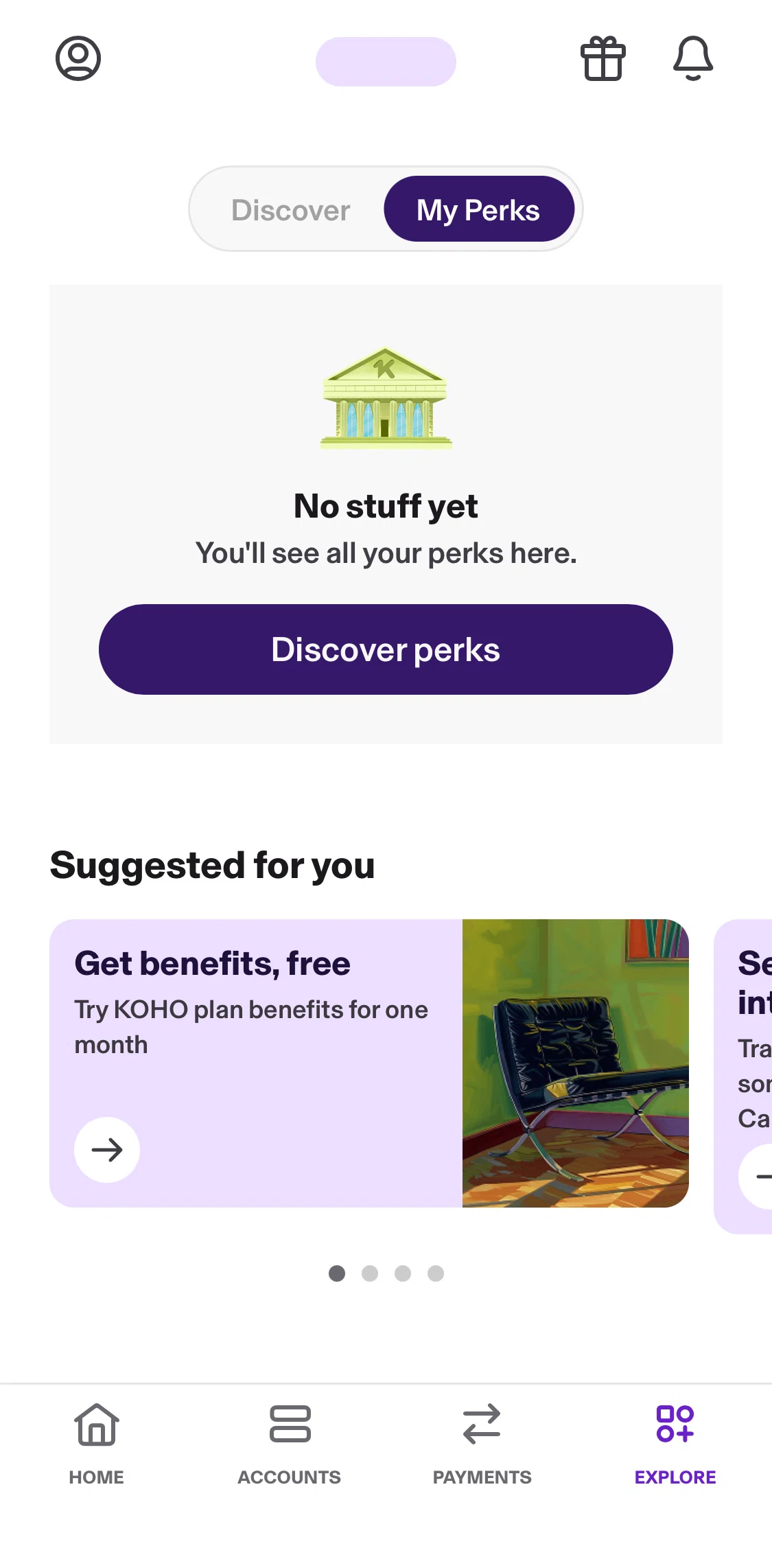 KOHO Screen screen in the Perks flow