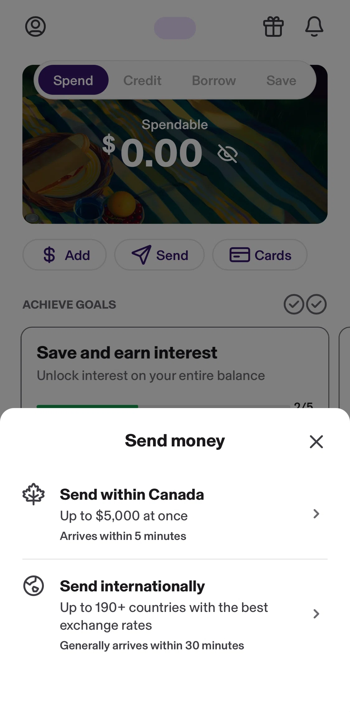 KOHO Screen screen in the Send money (internationally) flow