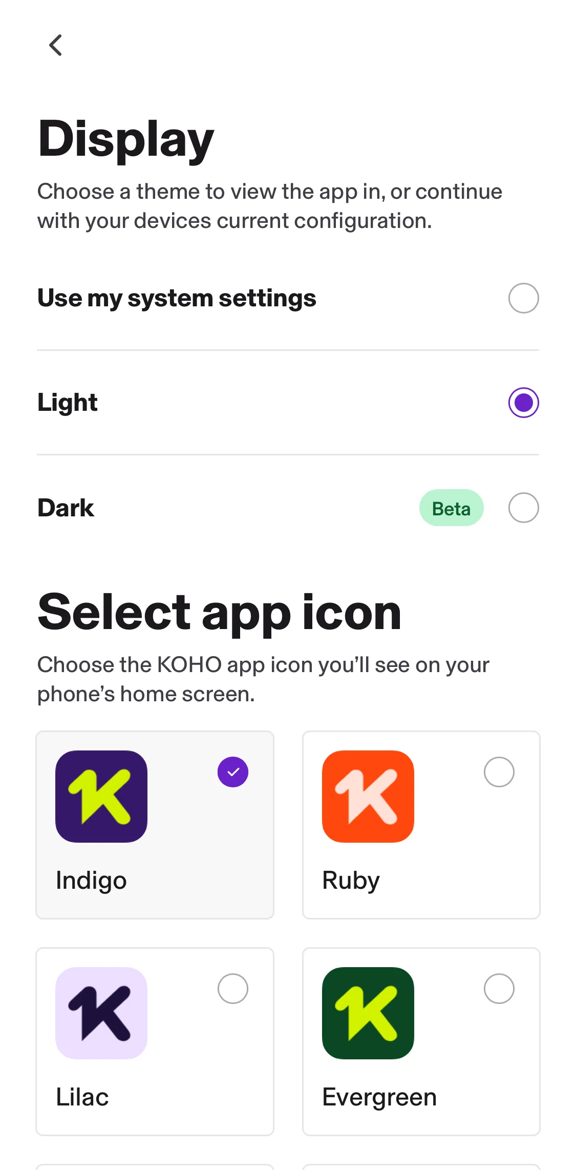 KOHO Screen screen in the Switching to dark mode flow