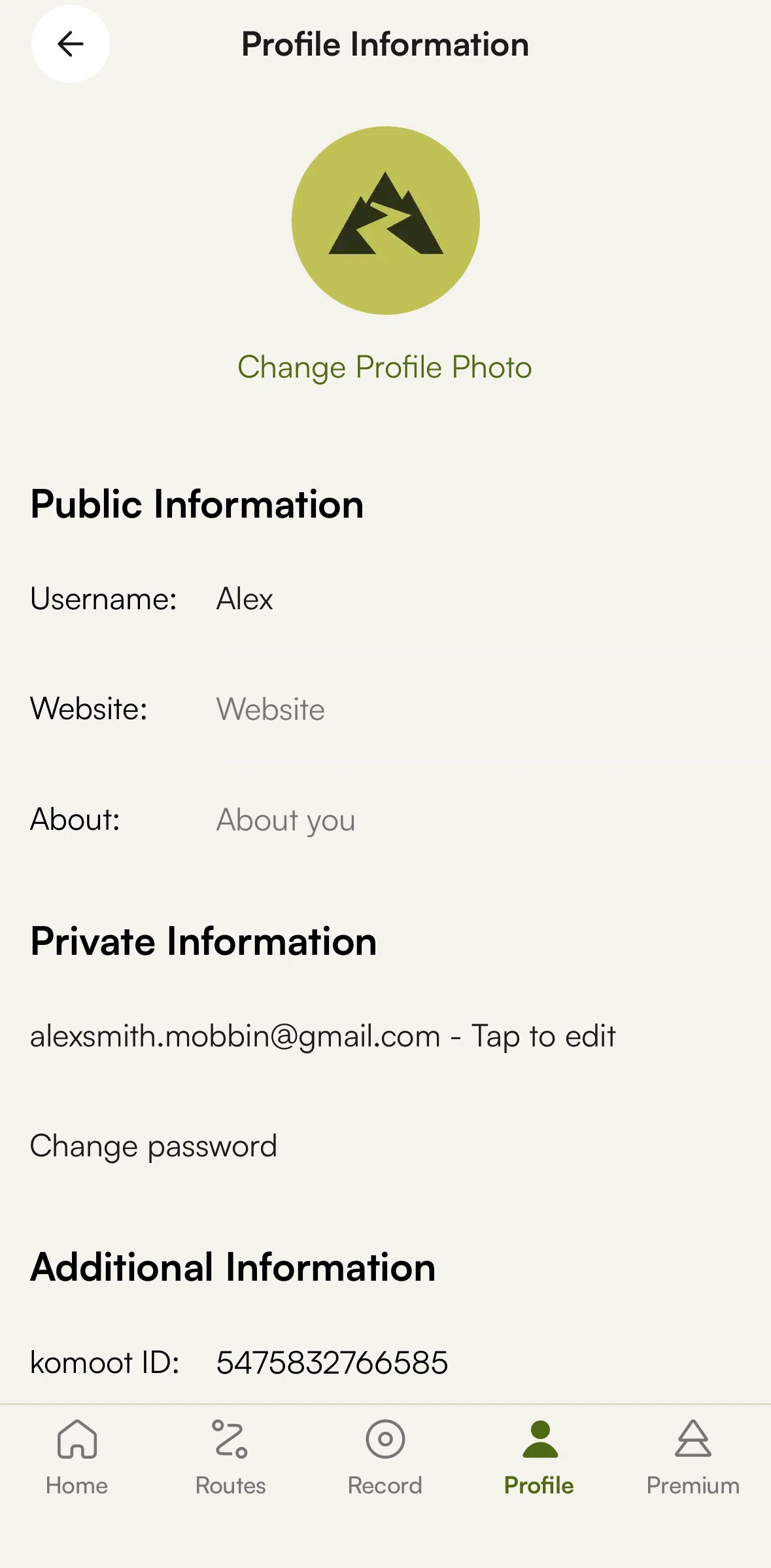 komoot Screen screen in the Changing password flow