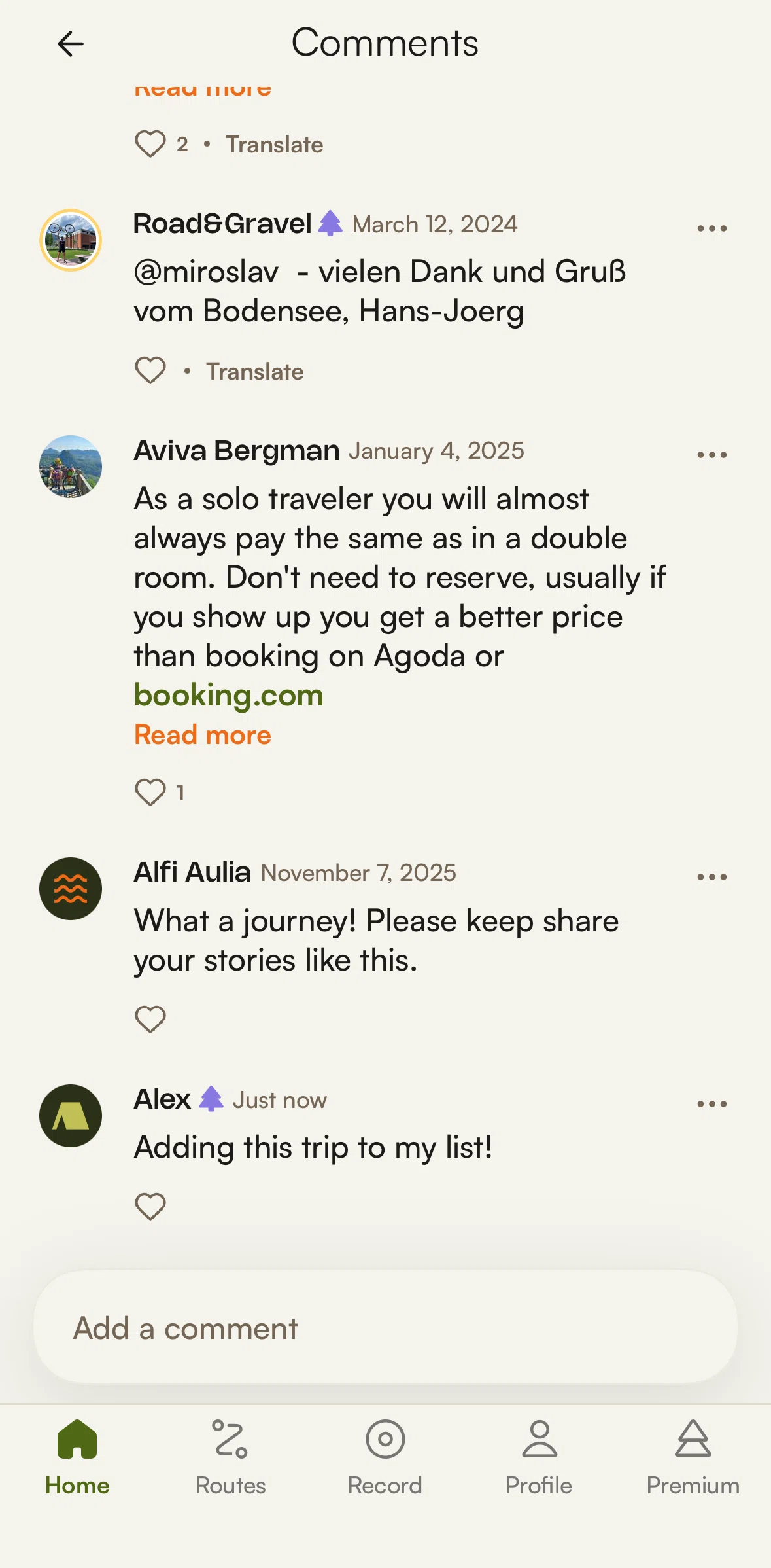 komoot Screen screen in the Deleting a comment flow