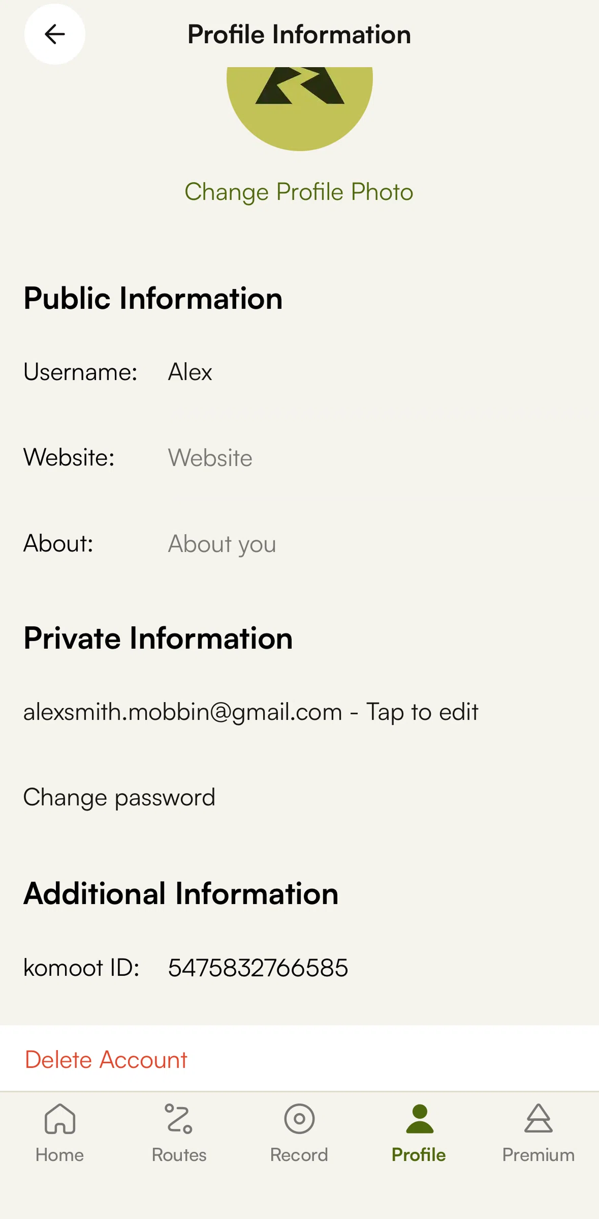 komoot Screen screen in the Deleting an account flow