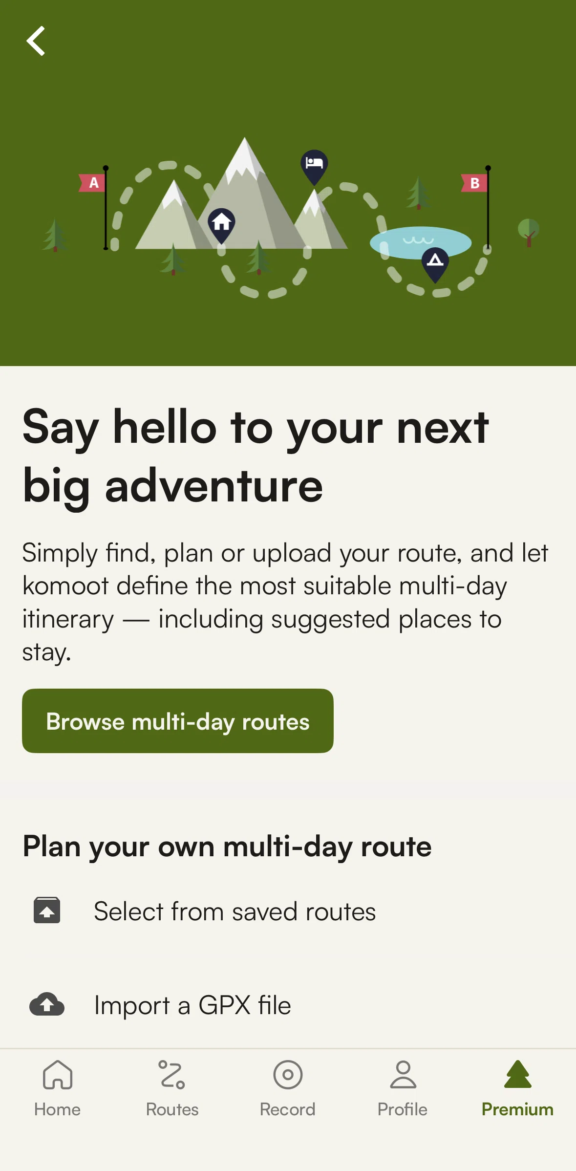 komoot Screen screen in the Filtering multi-day routes flow