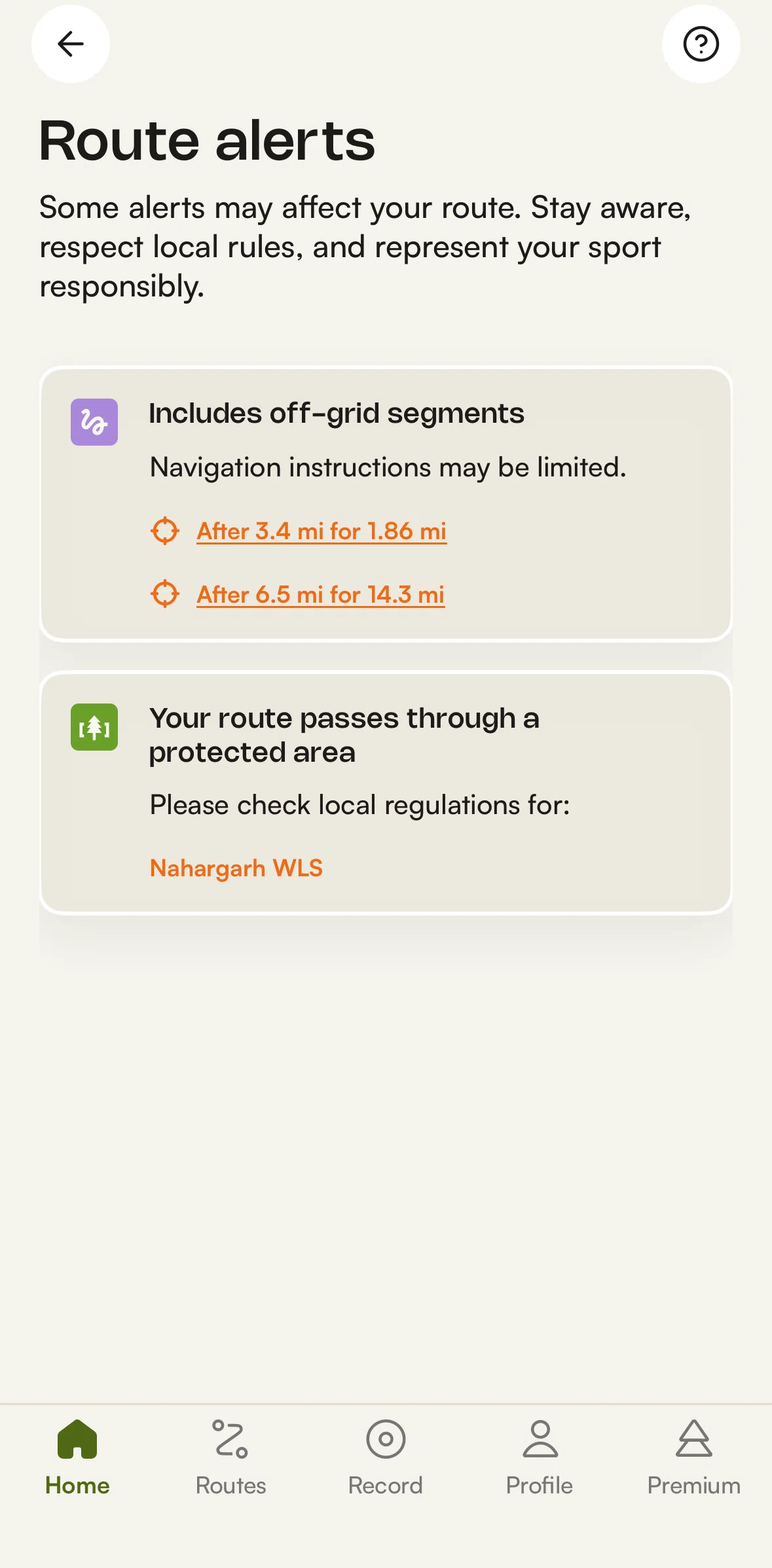 komoot Screen screen in the Route alert detail flow