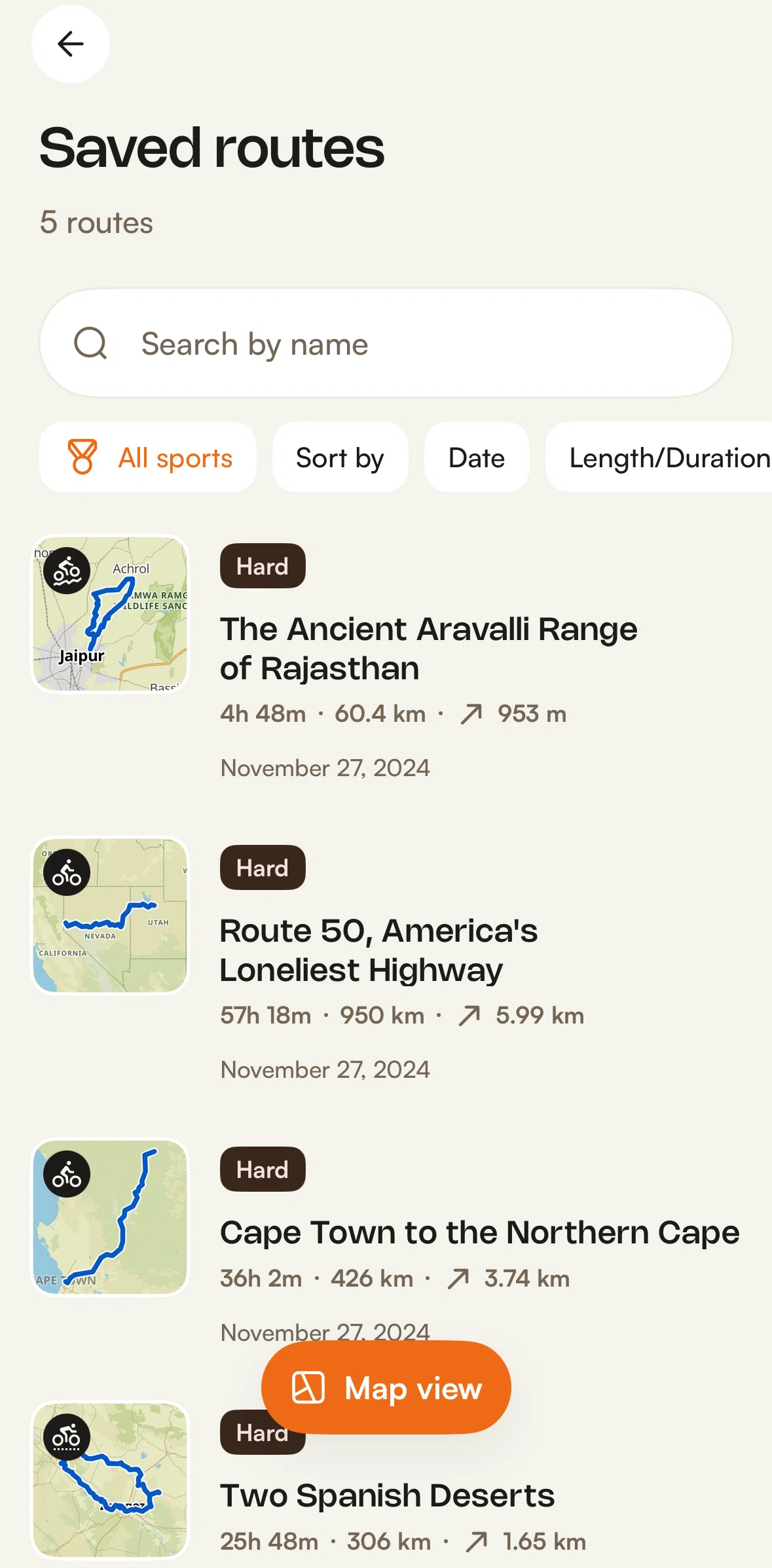 komoot Screen screen in the Sorting saved routes flow