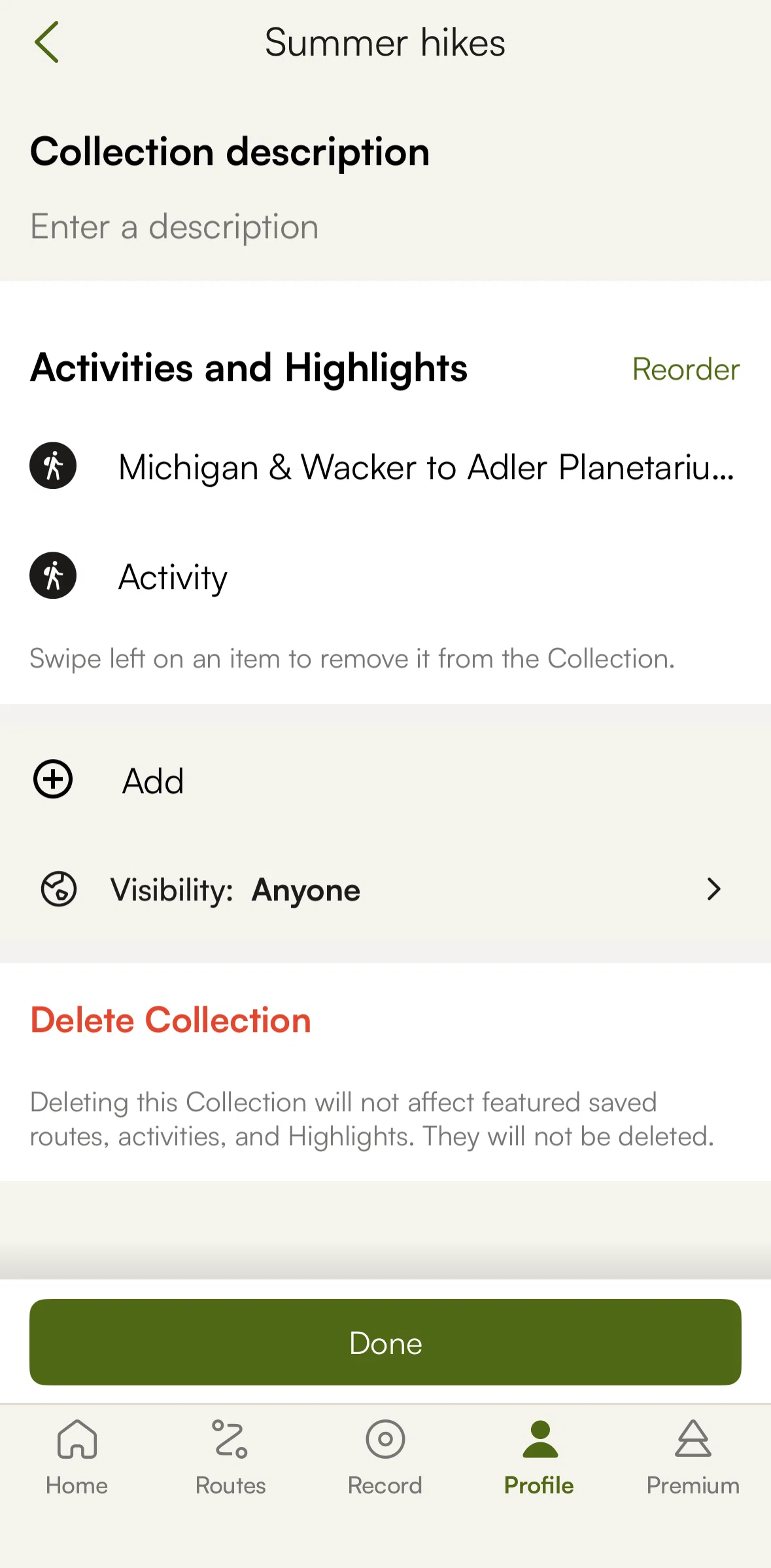 komoot Screen screen in the Updating collection visibility flow