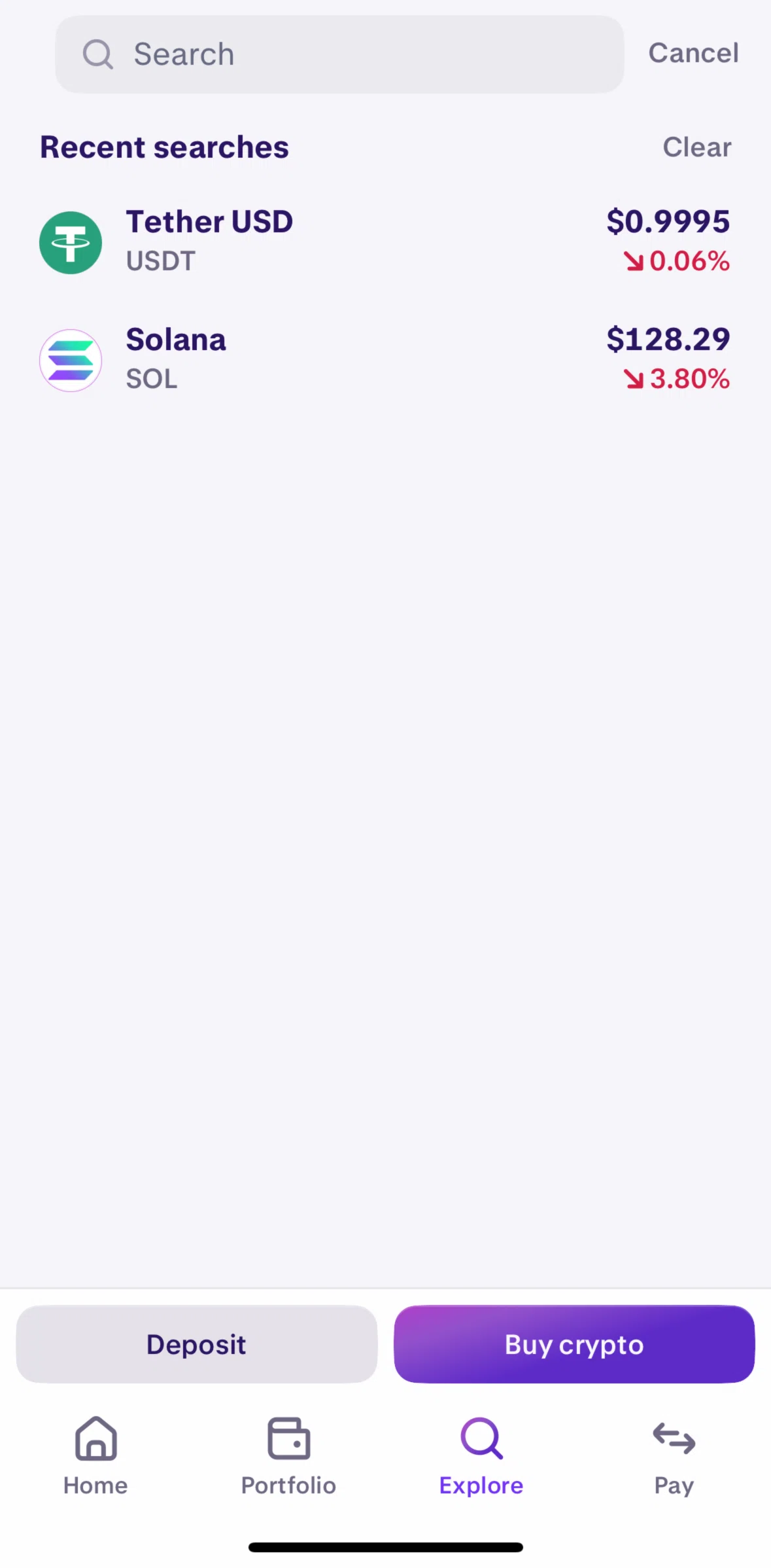 Kraken Screen screen in the Clearing search history flow