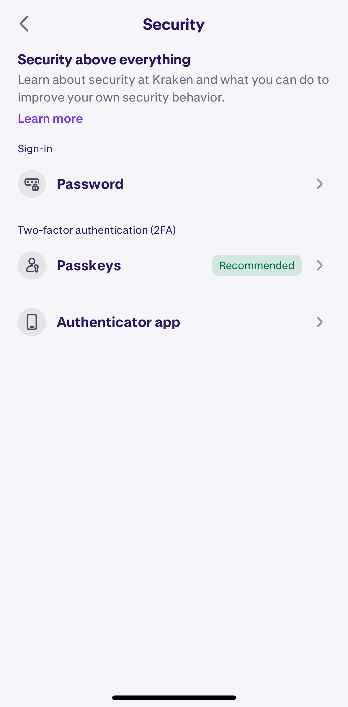 Kraken Screen screen in the Setting up 2FA flow