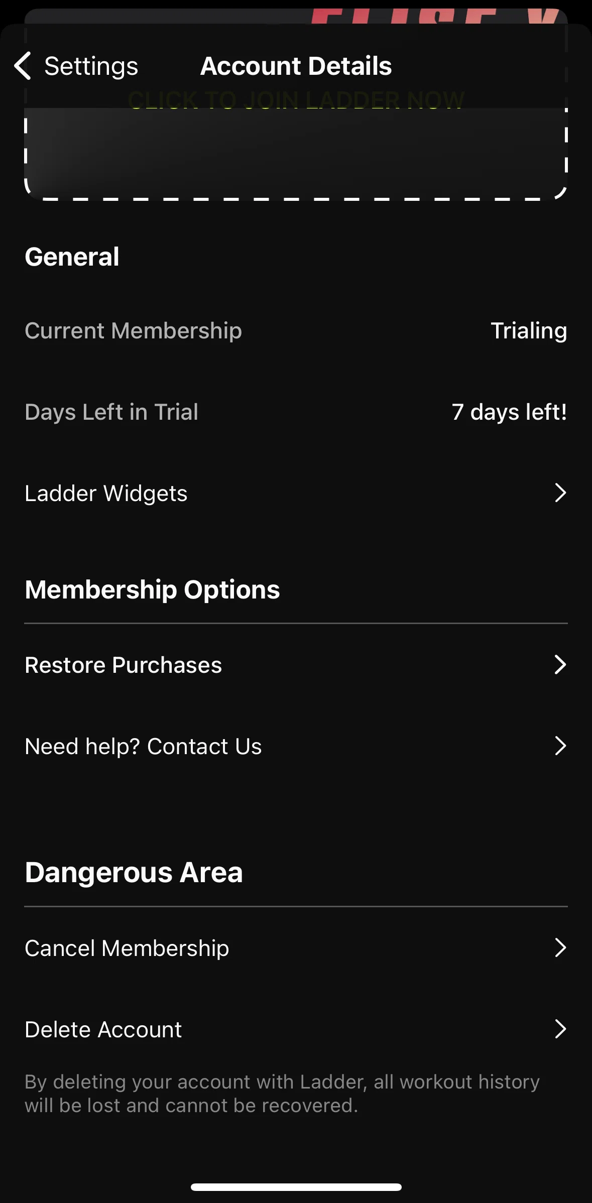 Ladder Screen screen in the Deleting my account flow