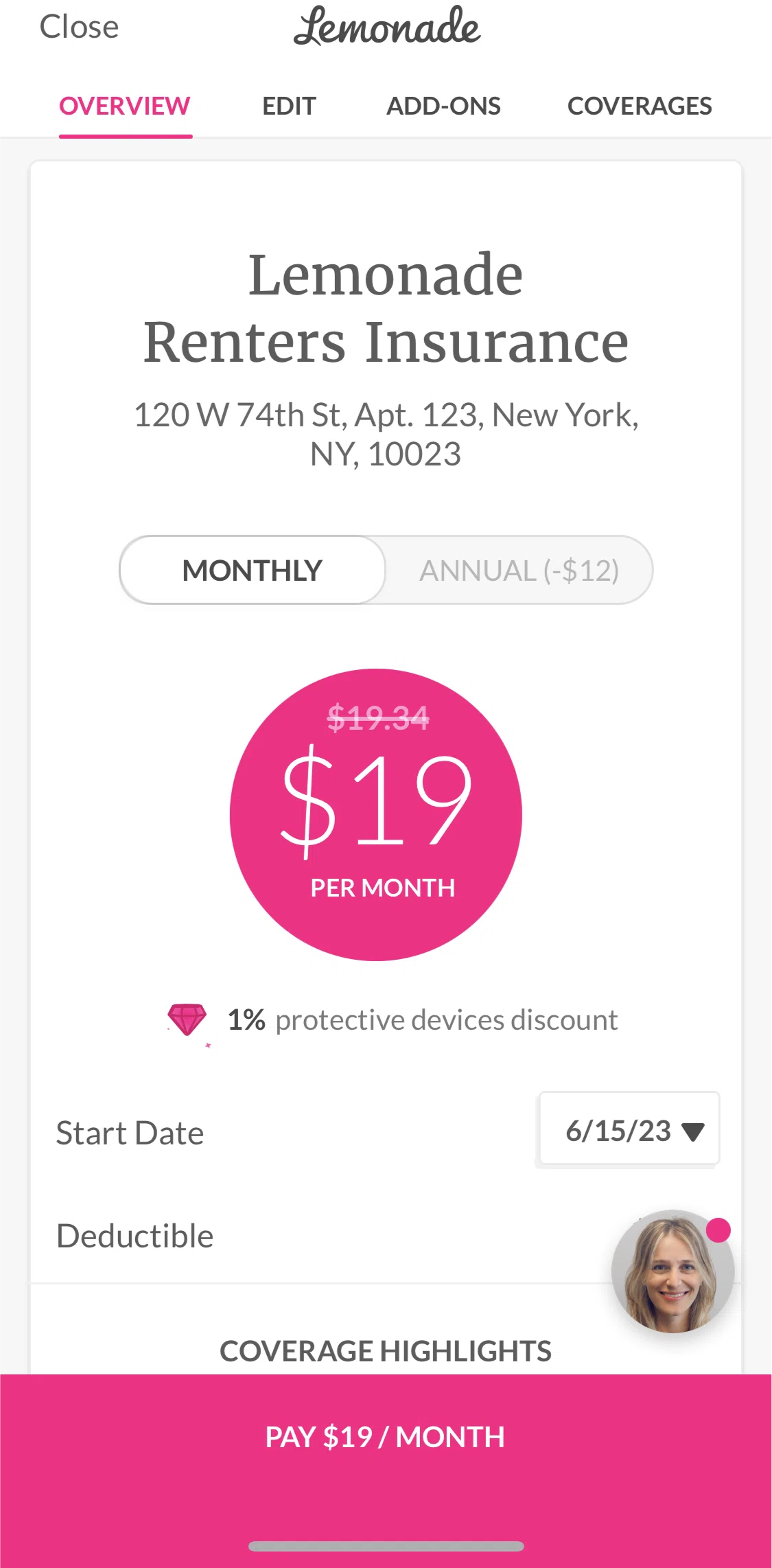 Lemonade Insurance Screen screen in the Adding extra coverage flow