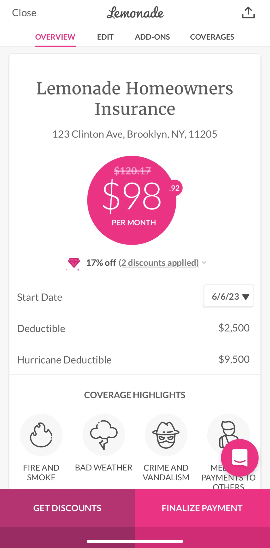 Lemonade Insurance Screen screen in the Buying an insurance plan (homeowners insurance) flow