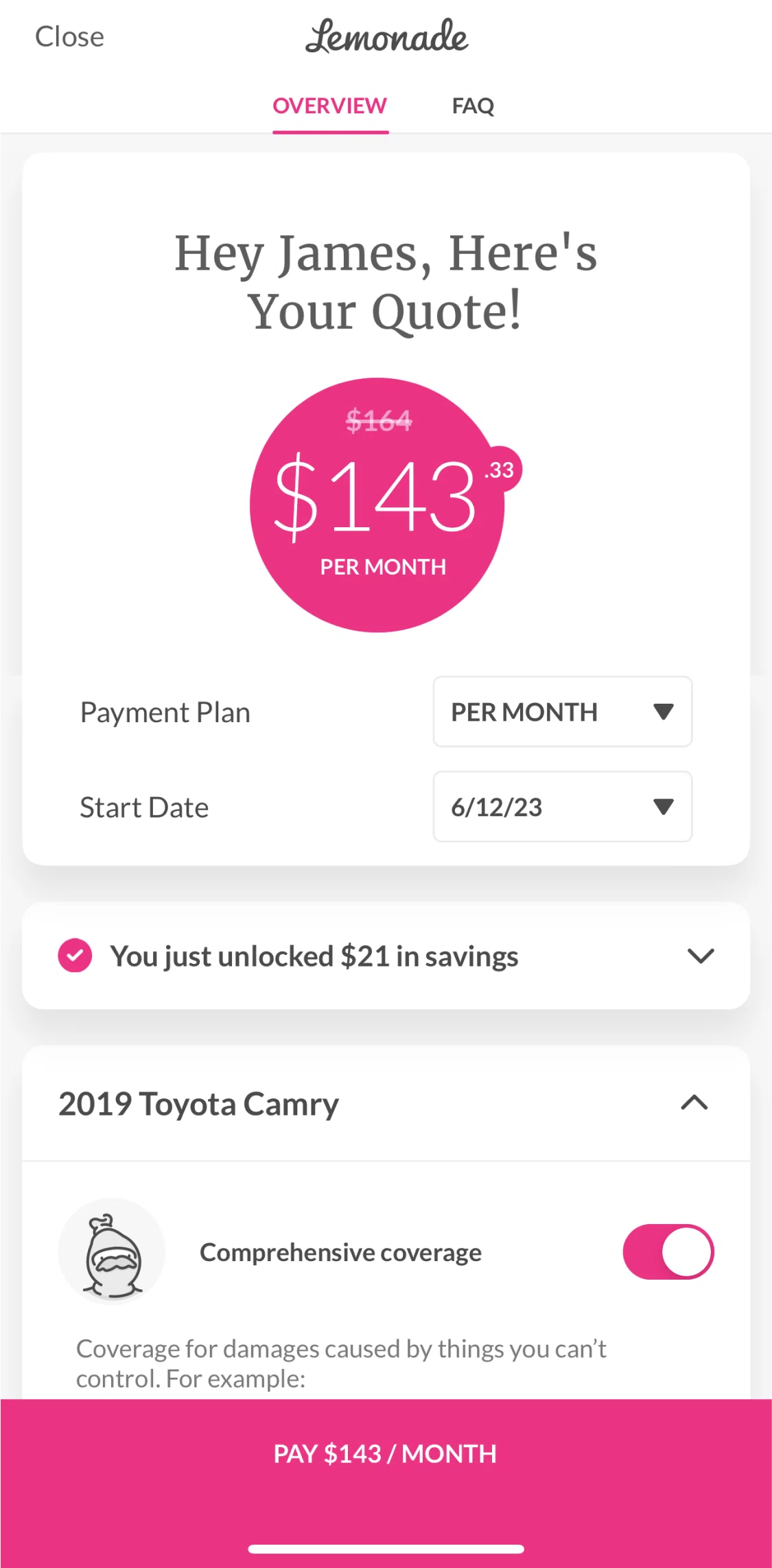 Lemonade Insurance Screen screen in the Car insurance quote overview flow