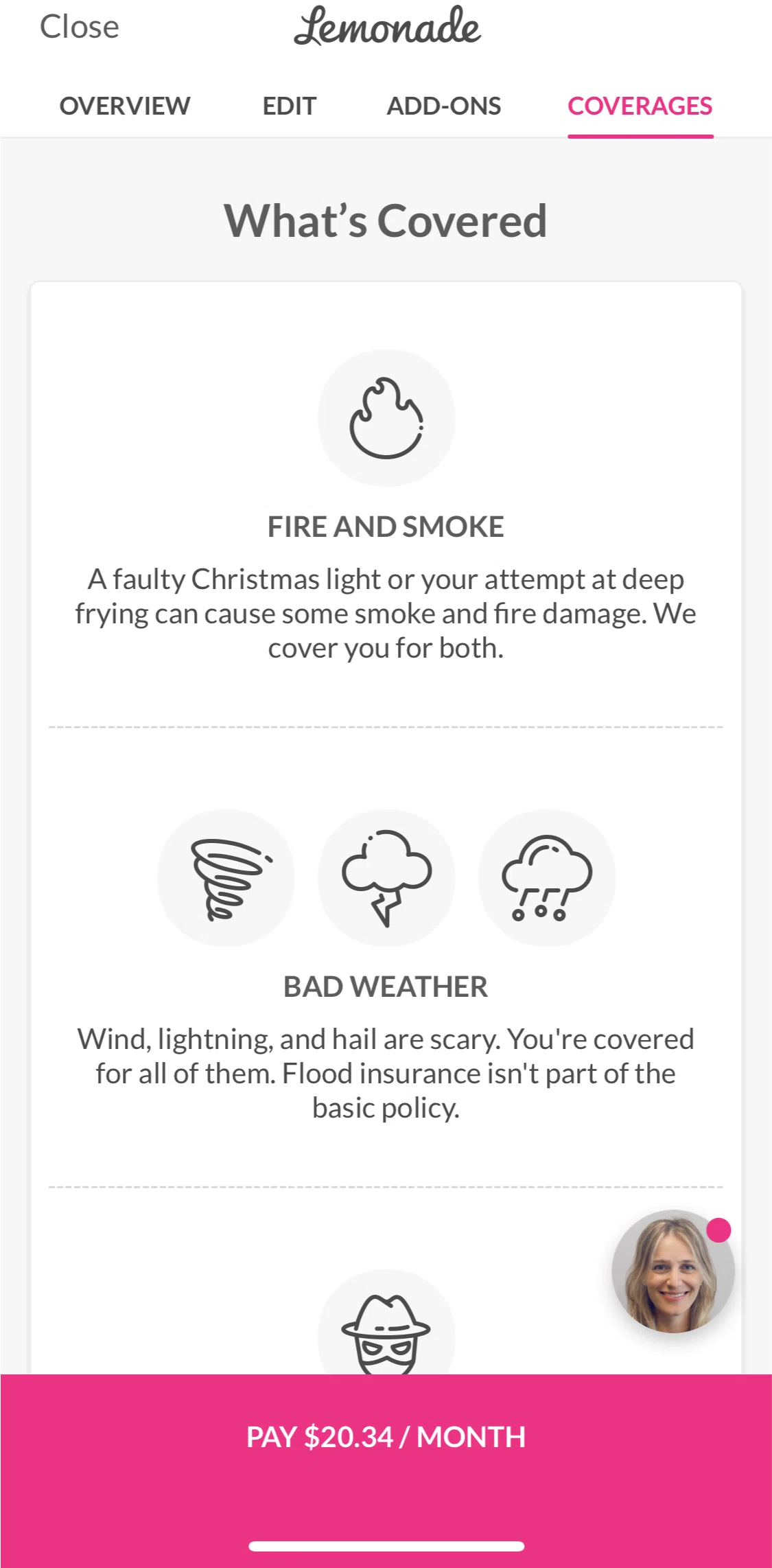 Lemonade Insurance Screen screen in the Coverage detail flow